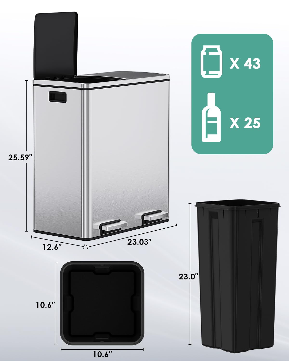 60L(16 Gal) Dual Trash Can, Stainless Steel Kitchen Garbage Can