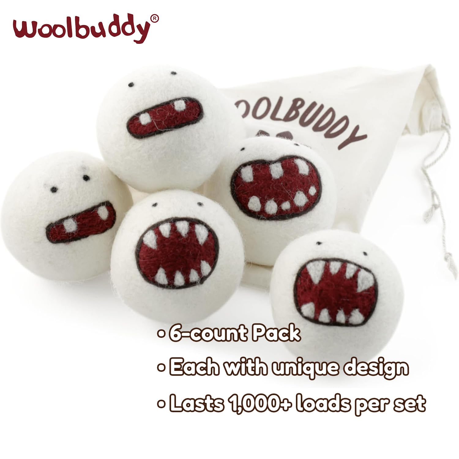 Monster Dryer Balls 6 PCS Natural Handmade Wool Balls for Laundry (6 Count)