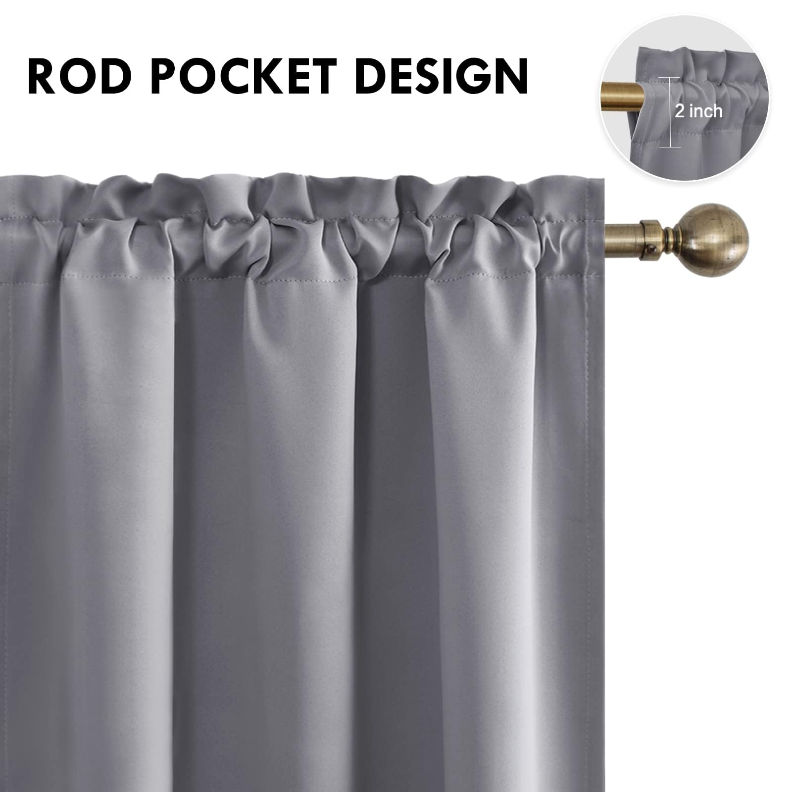 Wide Blackout Curtains for Bedroom Living Room 70 x 63 Inch Long Grey (2 Count)