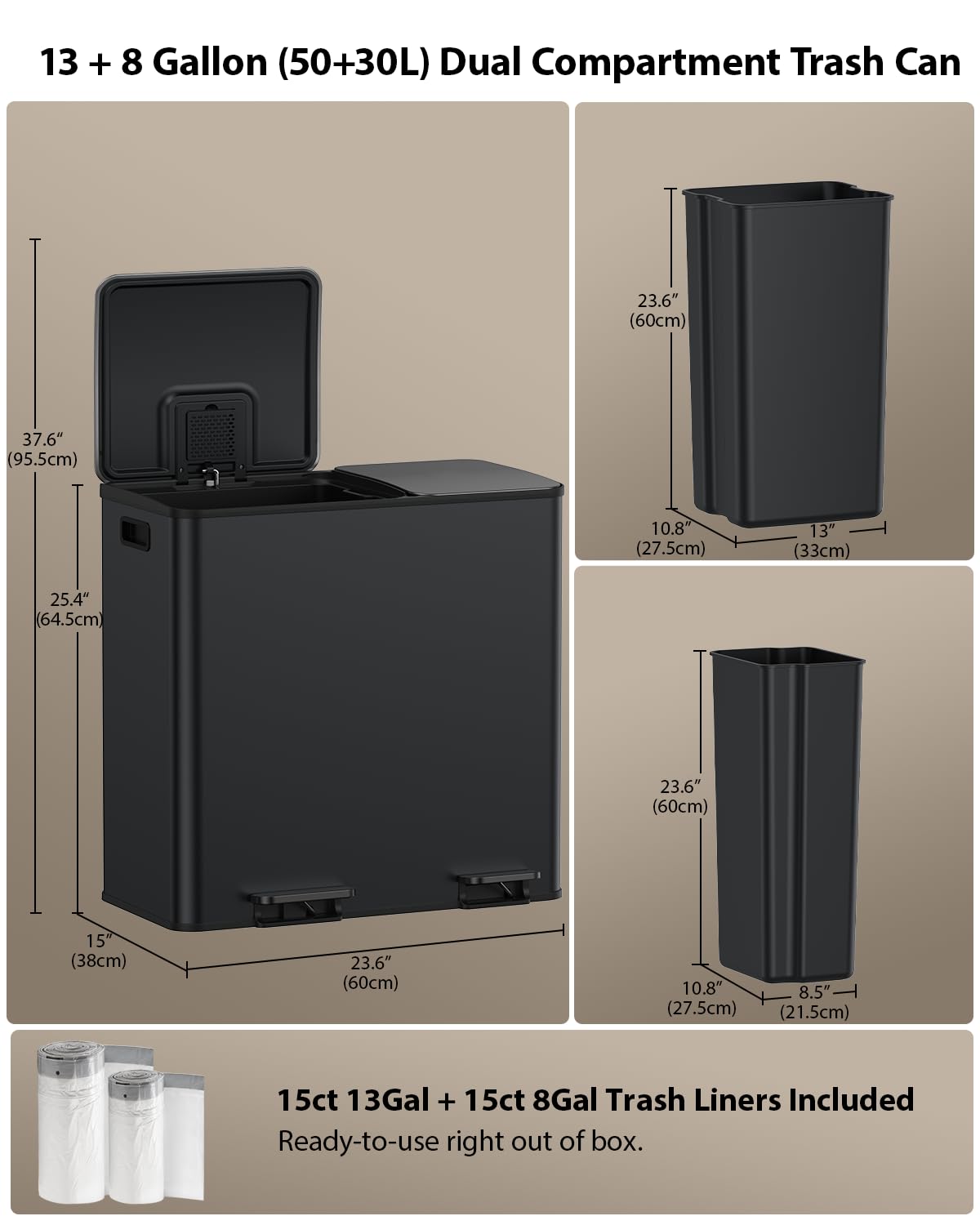 Dual Trash and Recycling Bins for Kitchen (2 Count)
