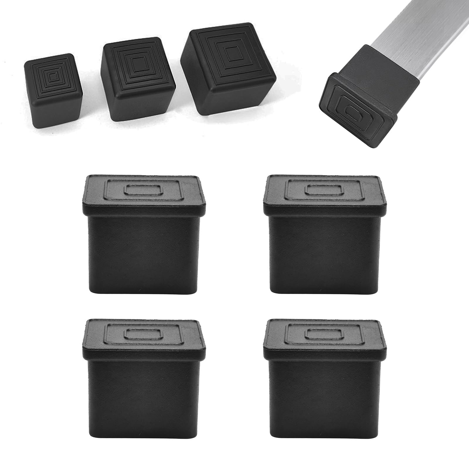 4 Pcs 4" x 4" Black Square Rubber Chair Leg Caps (4 Count)