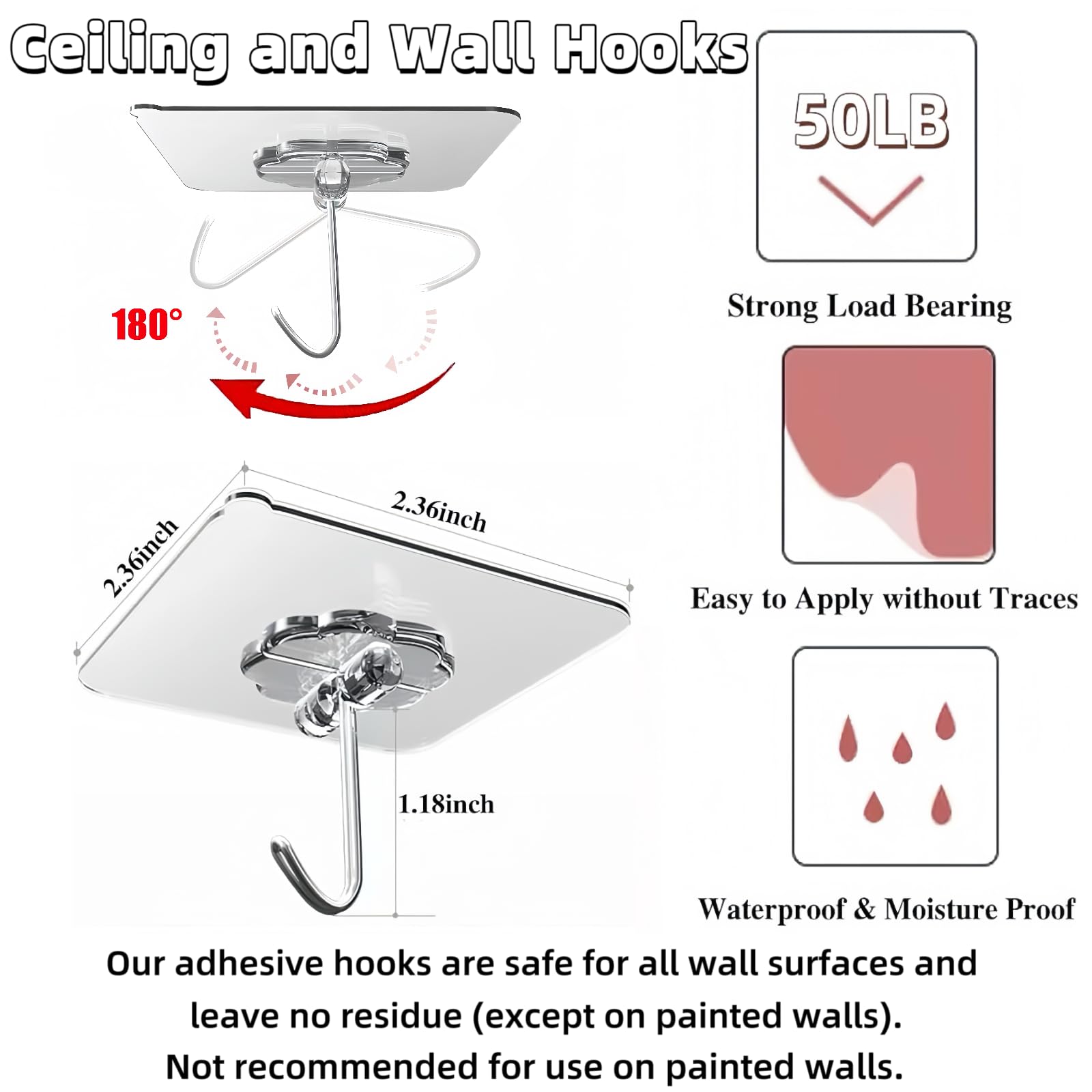 100 Pack Heavy Duty Self Adhesive Hooks 50 lbs Transparent Reusable Sticky Wall Hooks for Hanging Waterproof Adhesive Hooks for Kitchen (100 Count)
