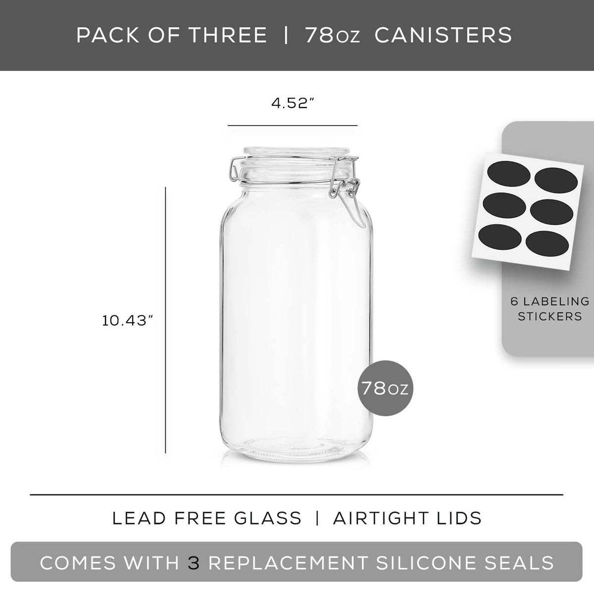 Airtight Glass Jars with Lids Set of 3. 78oz Glass Jar with Lid and 6 Silicone Seals! Large Glass Food Storage Containers. Square Mason Jar (3 Count)