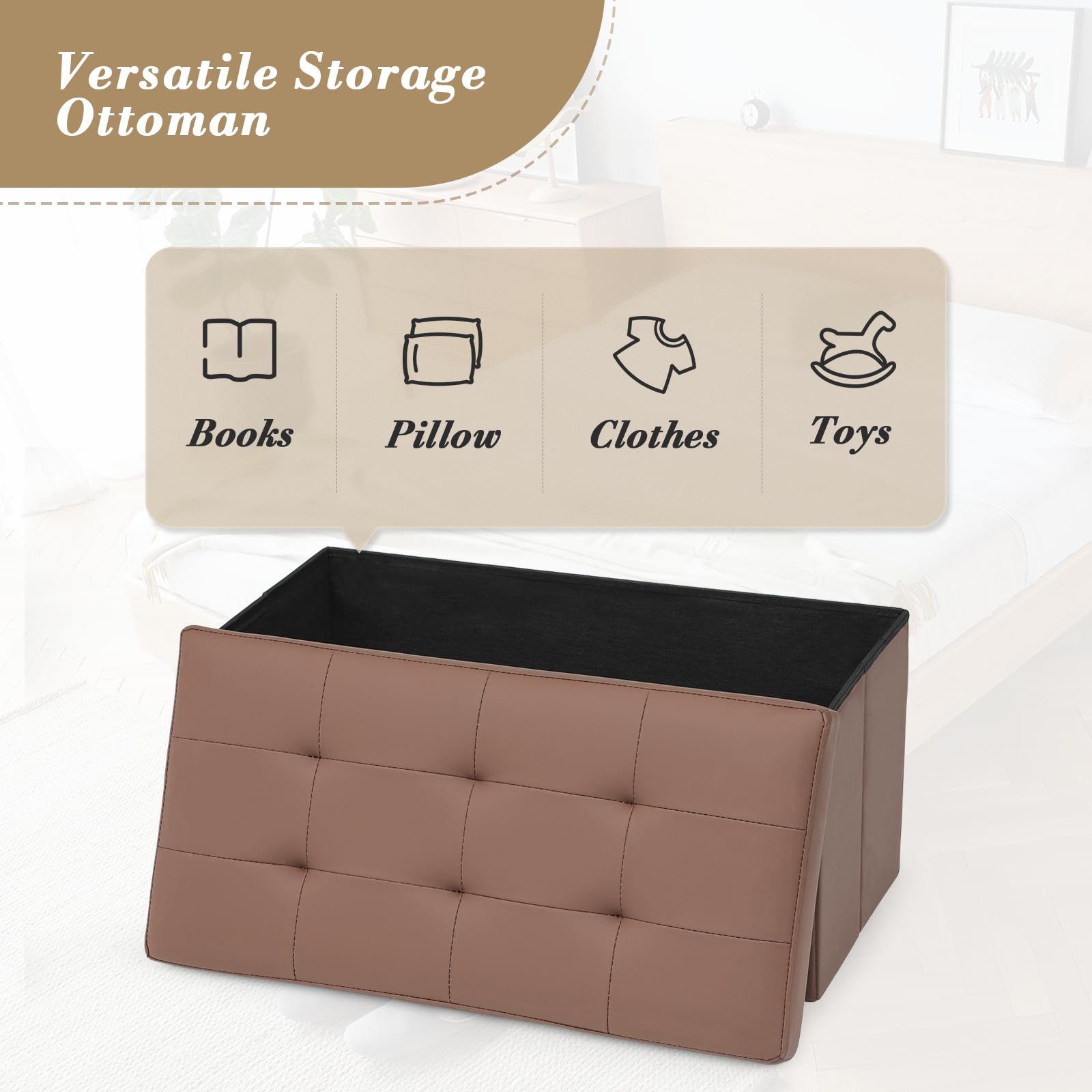 30" Storage Ottoman Bench Folding Bench with 90L Hidden Storage