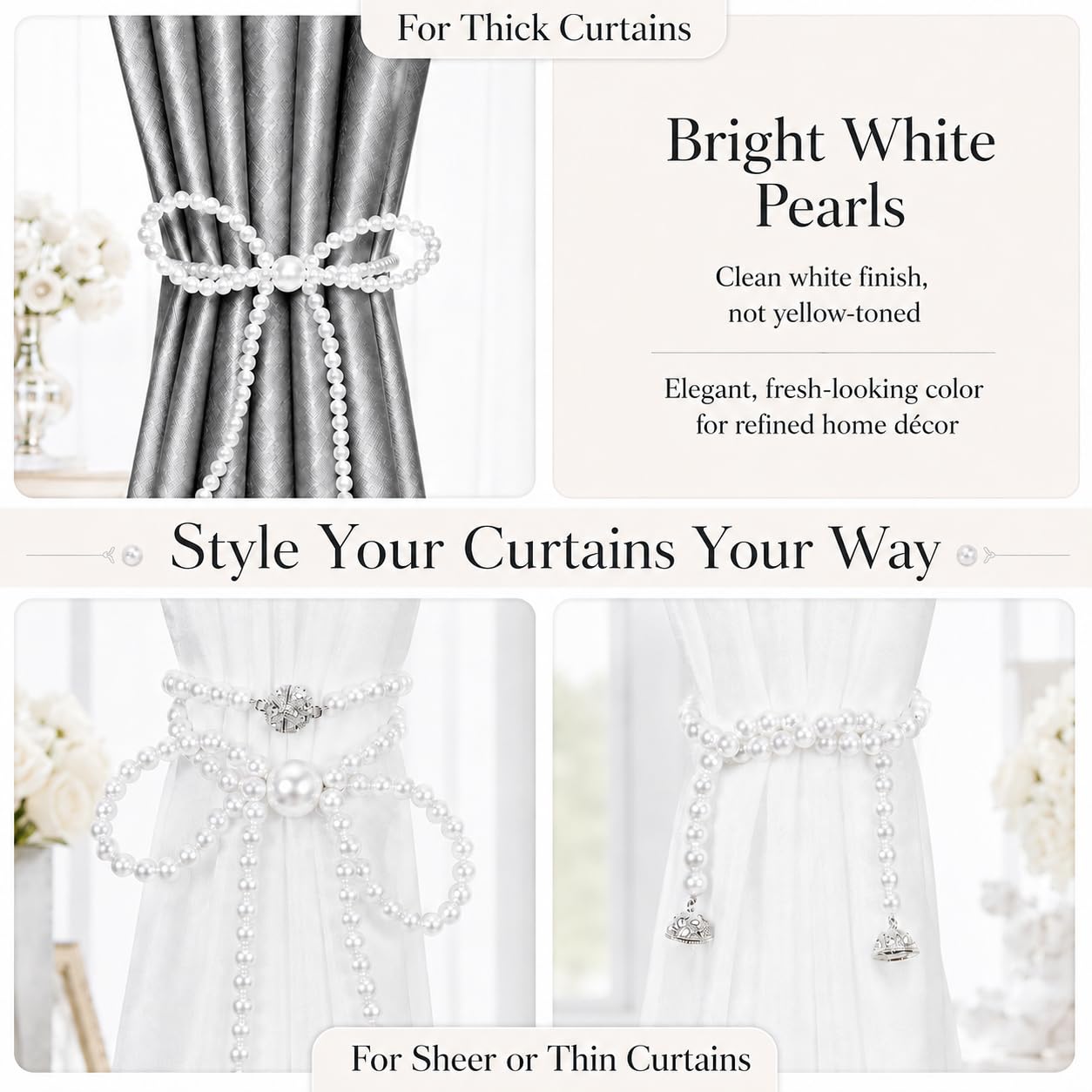 Pearl Bow Magnetic Curtain Tiebacks 2 Pack (2 Count)
