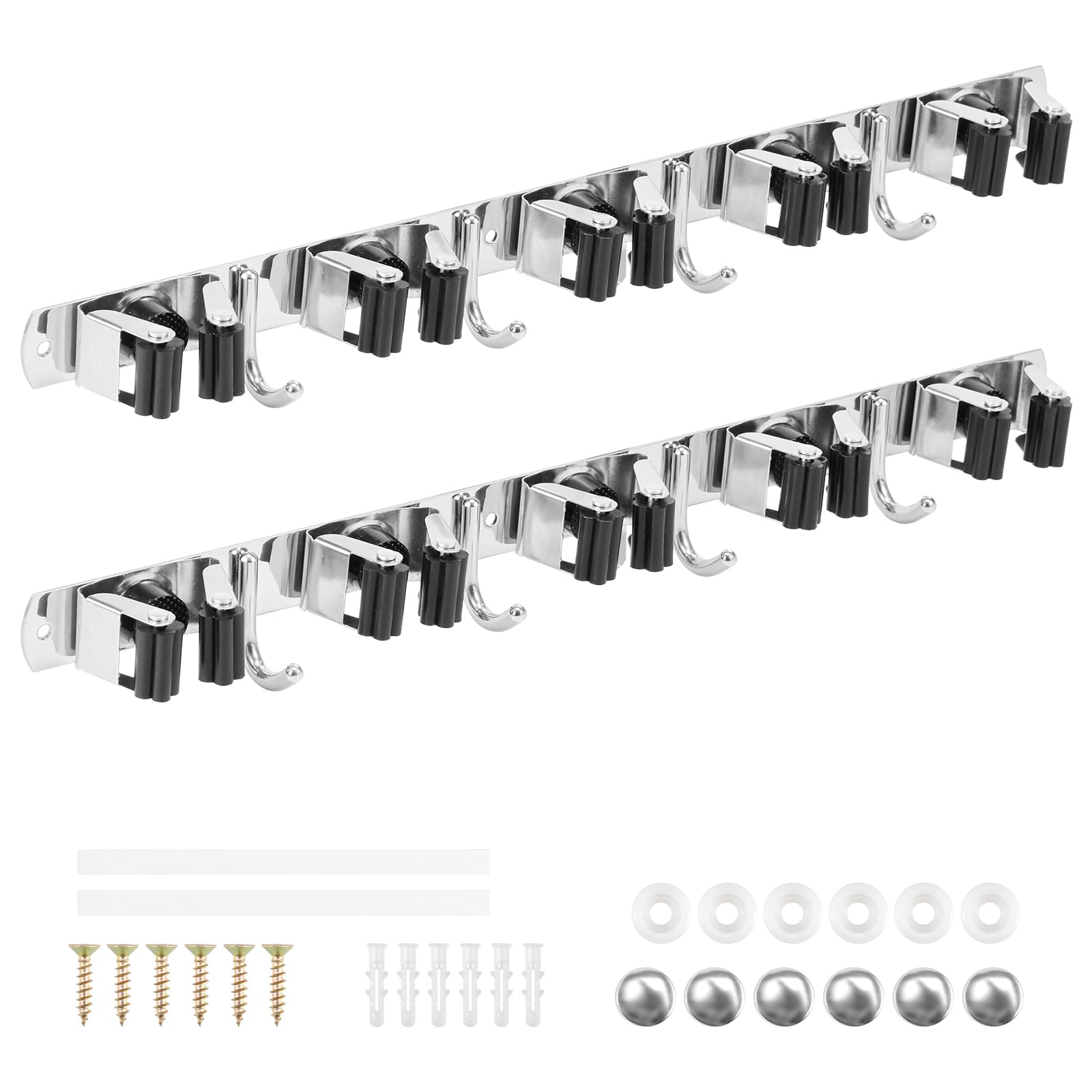 2 Pack Broom Holder Wall Mount 5 Racks 4 Hooks Stainless Steel Broom Mop Holder Anti Slip Storage Rack Strong Load Bearing Waterproof Broom and Mop Organizer Wall Hanging for Bathroom Kitchen Garage (2 Count)