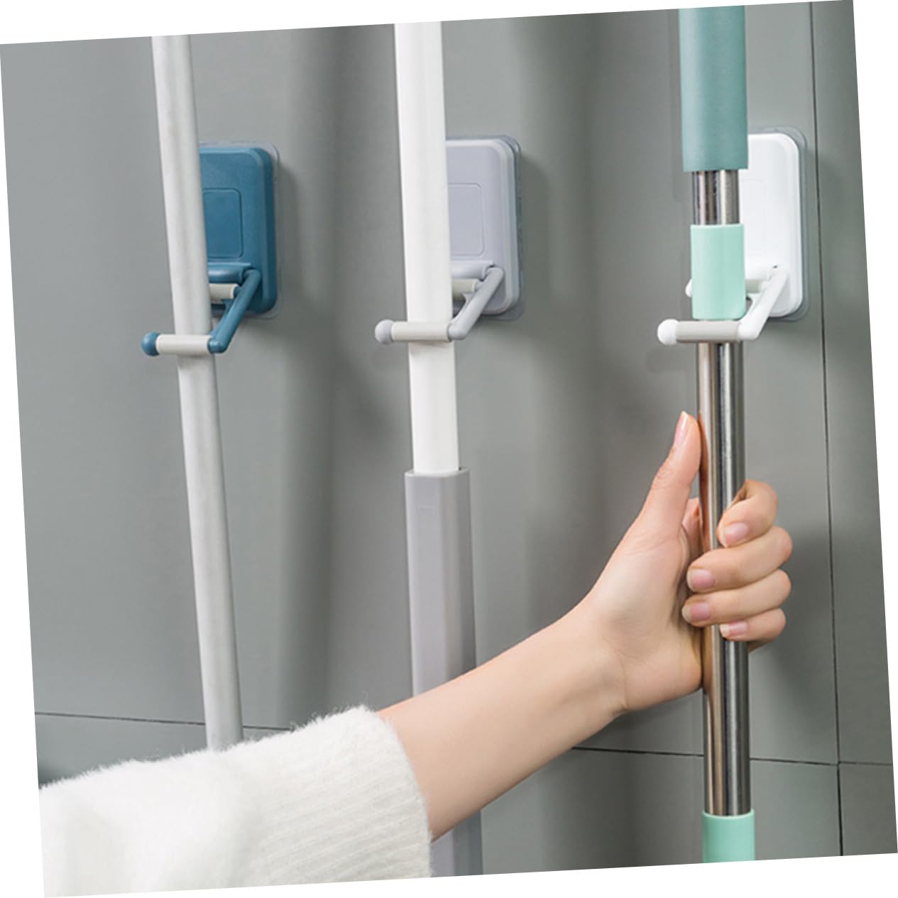 3pcs Punch Free Mop Hook Wall Mount Adhesive Broom Holder No Drilling Mop Organizer for Household Cleaning Sturdy and Convenient Grippers Random Color