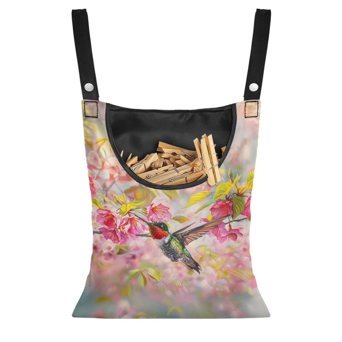 Hummingbird Clothespin Bag with Hanging Rope Cherry Blossom 14.5 x 12 Inch Summer Waterproof Laundry Clothes Pin Holder Clothespin Storage Organizer with Large Opening