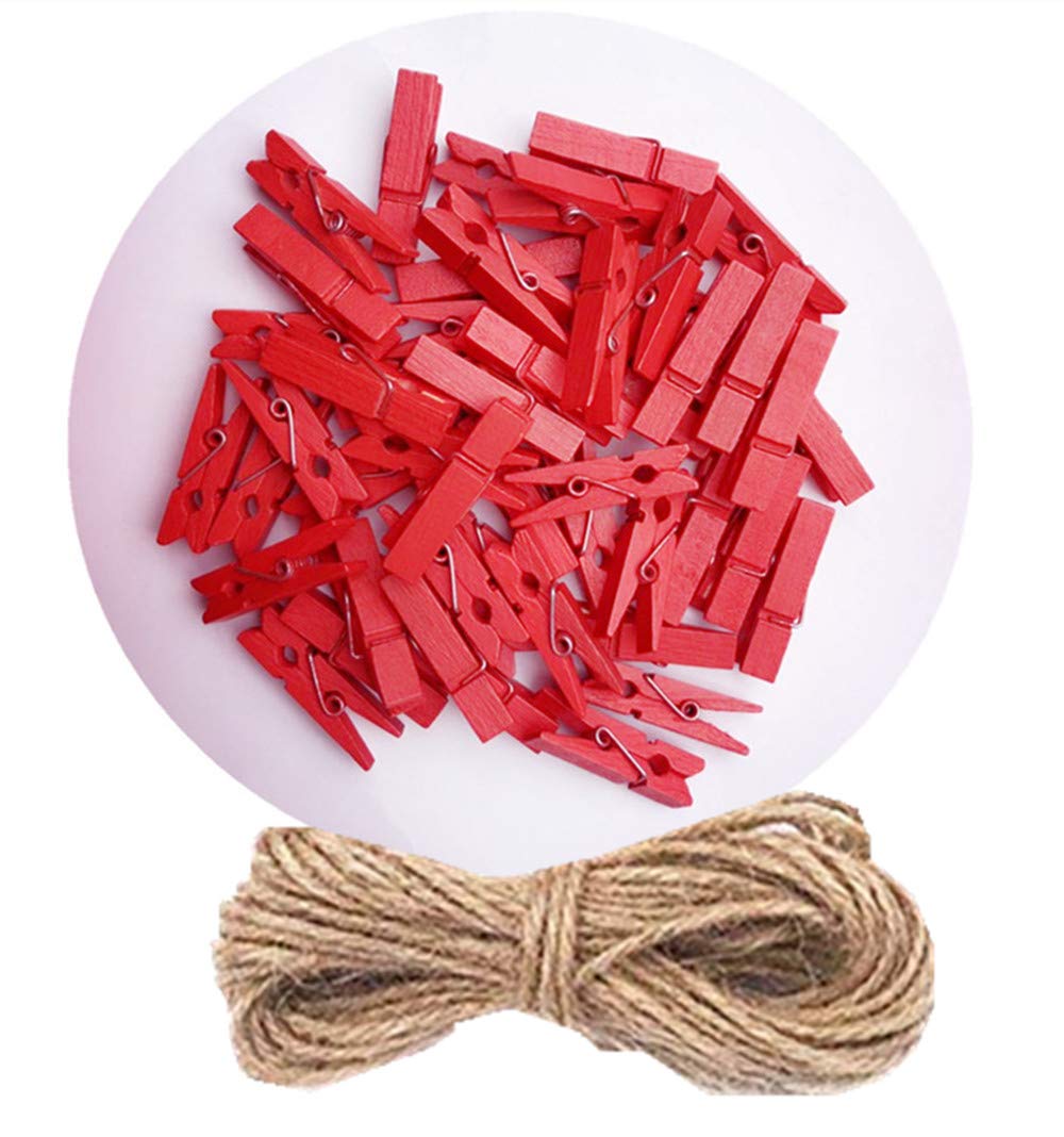 Tiny Wood Clips Travel Clothespins Miniature Clothes Pins for Wedding Arts Crafts Ornaments Packing with Twine Pack 50 Red