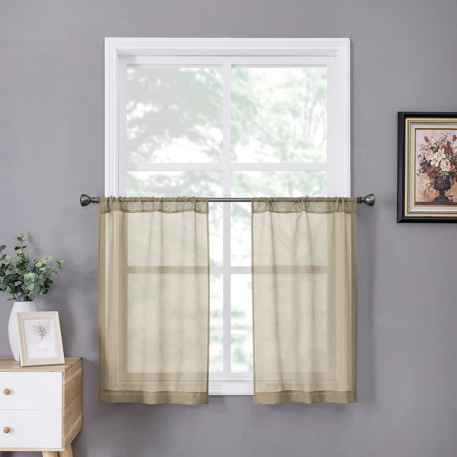 Short Sheer Tier Curtains Linen Textured Half Kitchen Curtain Sheers Light Filtering Rod Pocket Voile Small Curtain for Bathroom