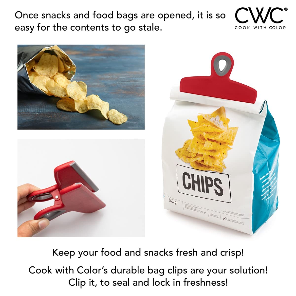 Bag Clips Heavy Duty Chip Clip and Refrigerator Magnet for Food Storage with Air Tight Seal Grip (4 Count)