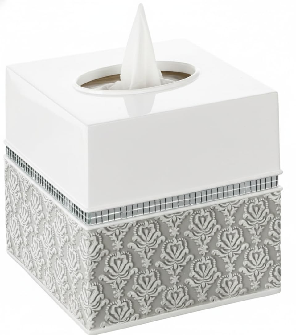 Mirror Damask White & Gray Square Resin Tissue Box Cover with Bottom Slider
