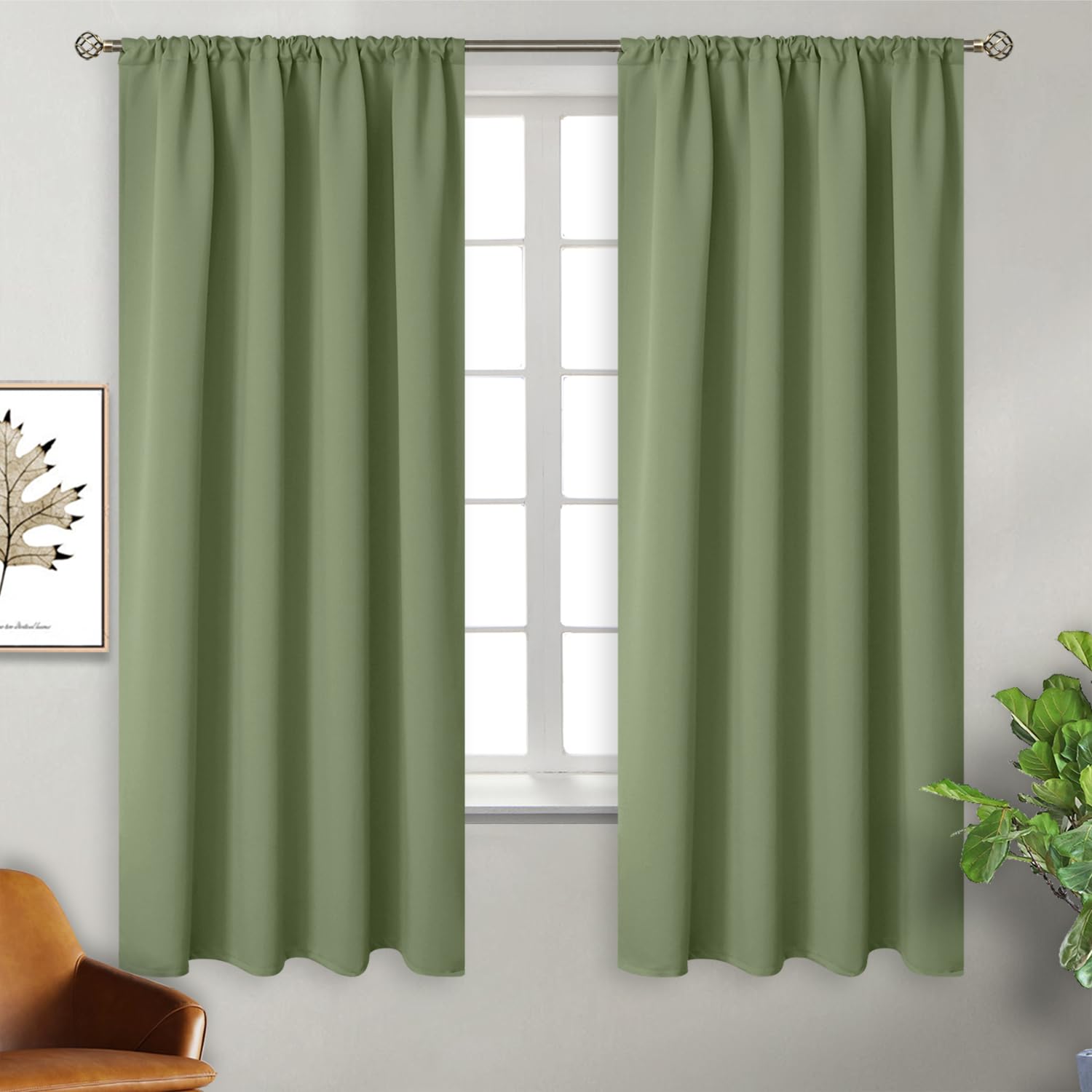 Olive Green Blackout Curtains for Bedroom 63 Inches Long (2 Count)