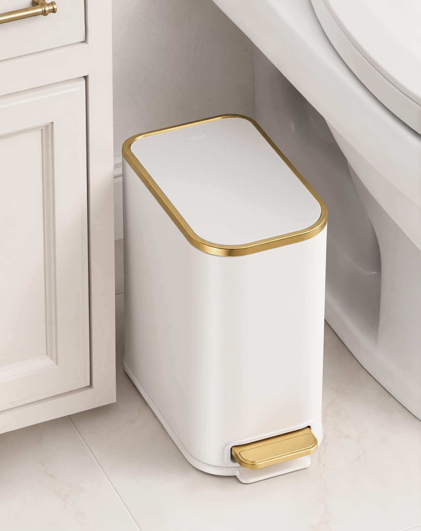 Small Bathroom Trash Can with Gold Grimmed Lid & Pedal