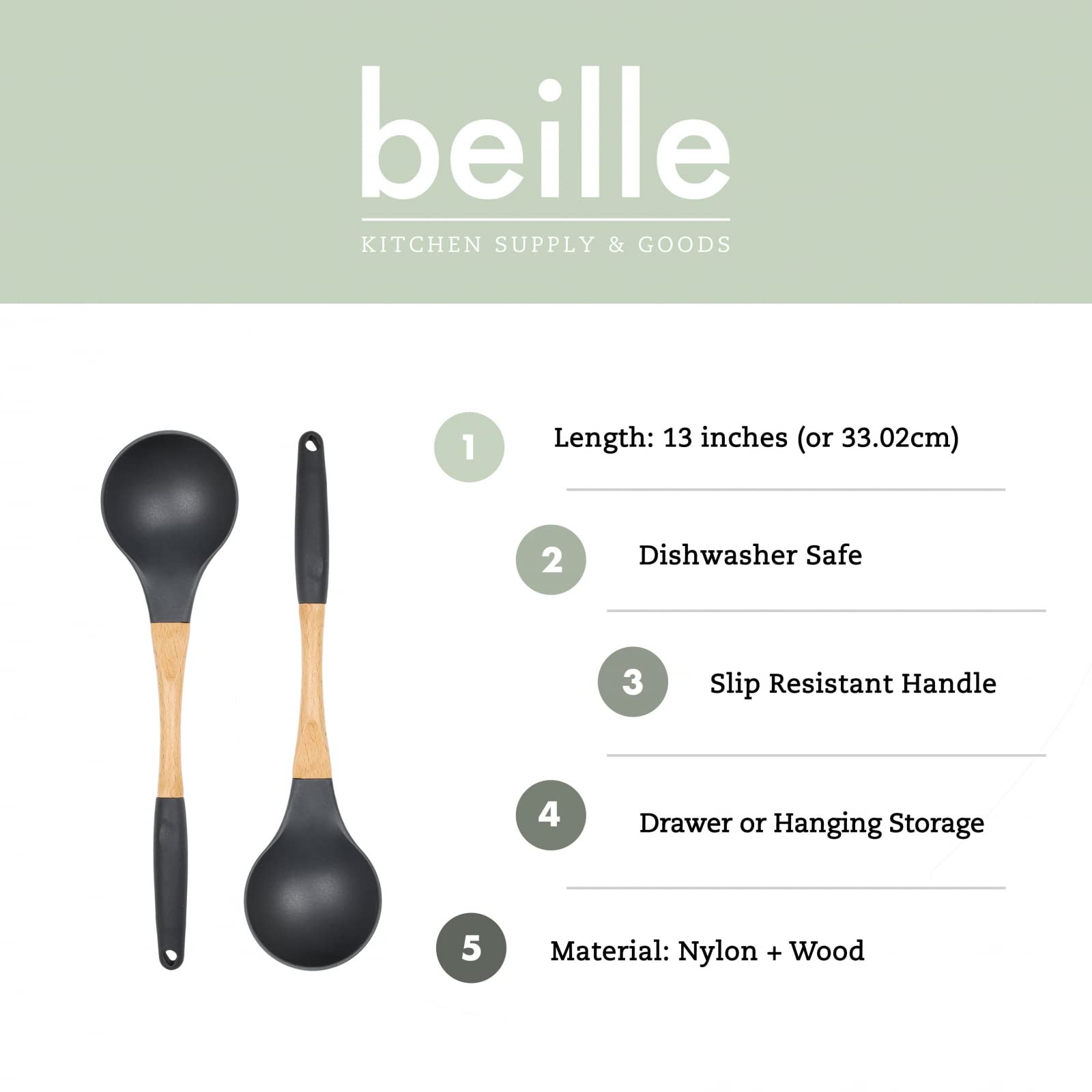 Grey Nylon Ladle with Soft Grip Ergonomic Wooden Handle Kitchen Utensils