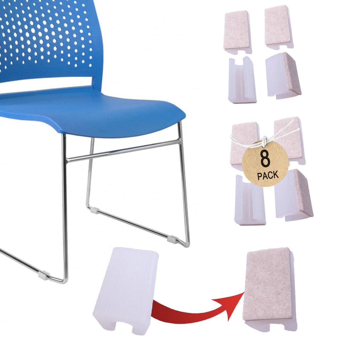 Rectangle U Shaped Sled Chair Leg Tips Cap with Felt Pads (24 Count)