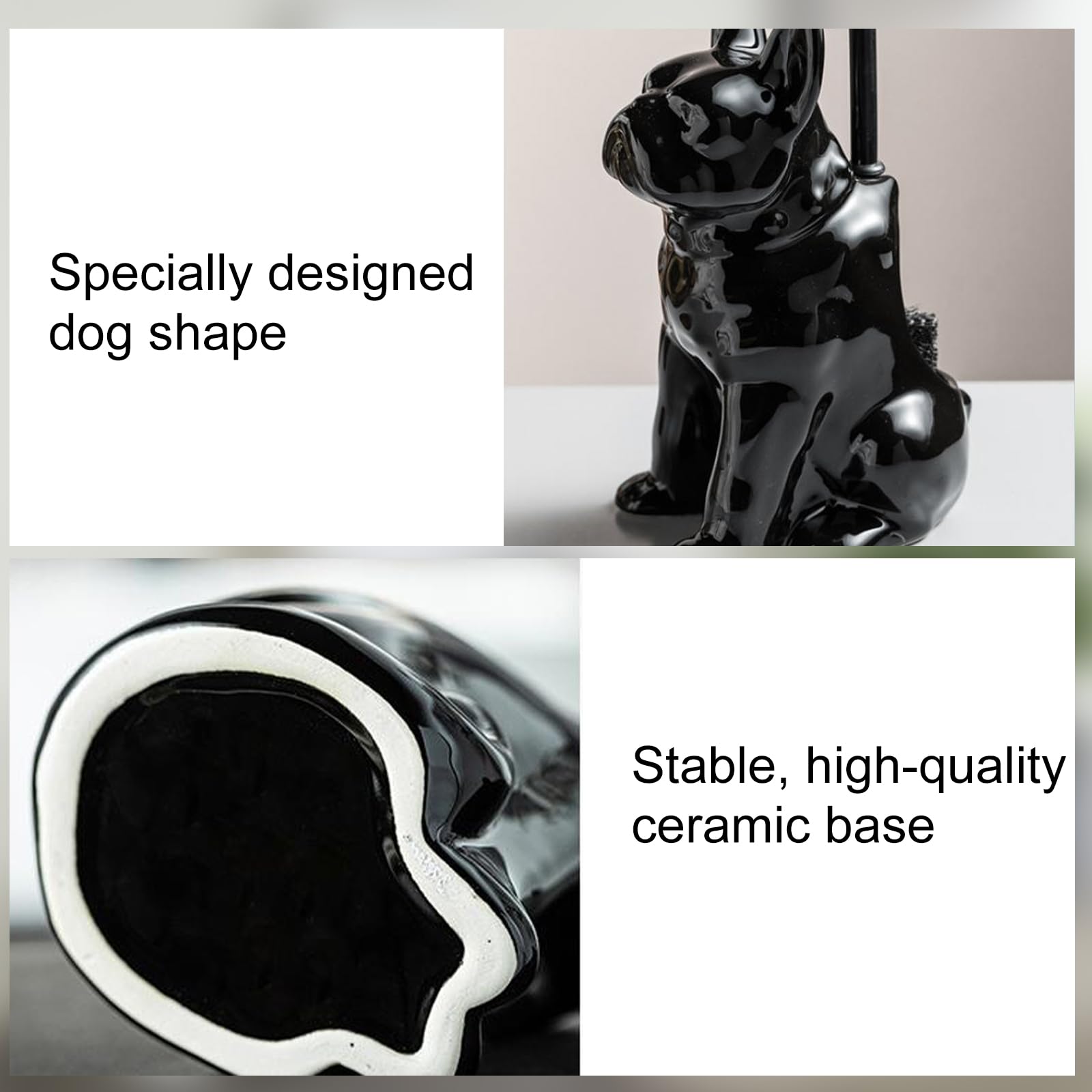 Ceramic Dog Black Toilet Brush and Holder Set with Plastic Handled