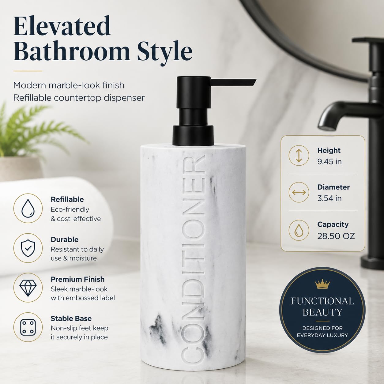 Conditioner Dispenser Luxurious Refillable Pump Bottle with Embossed Text