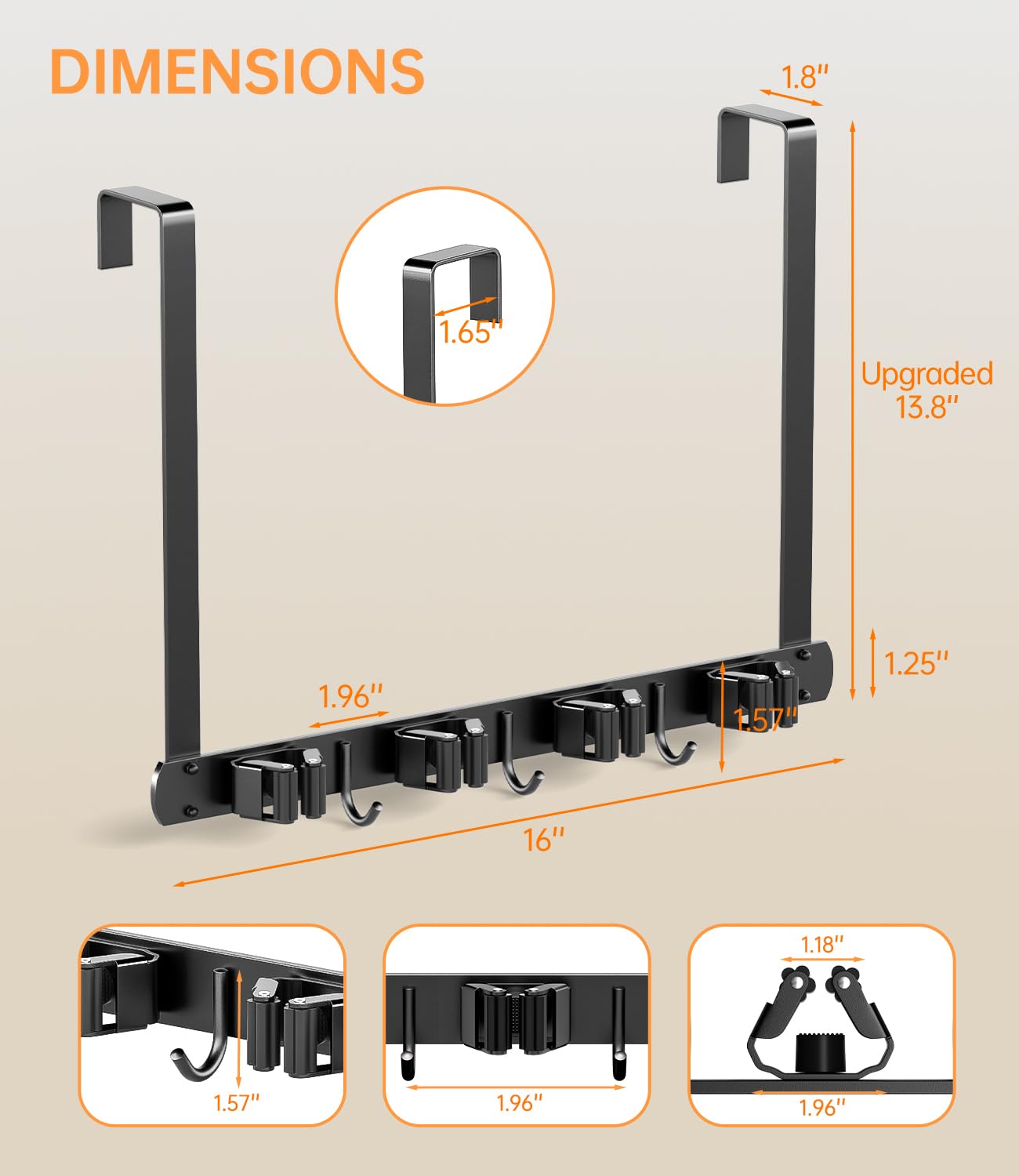 Broom Holder Over The Door with Hooks
