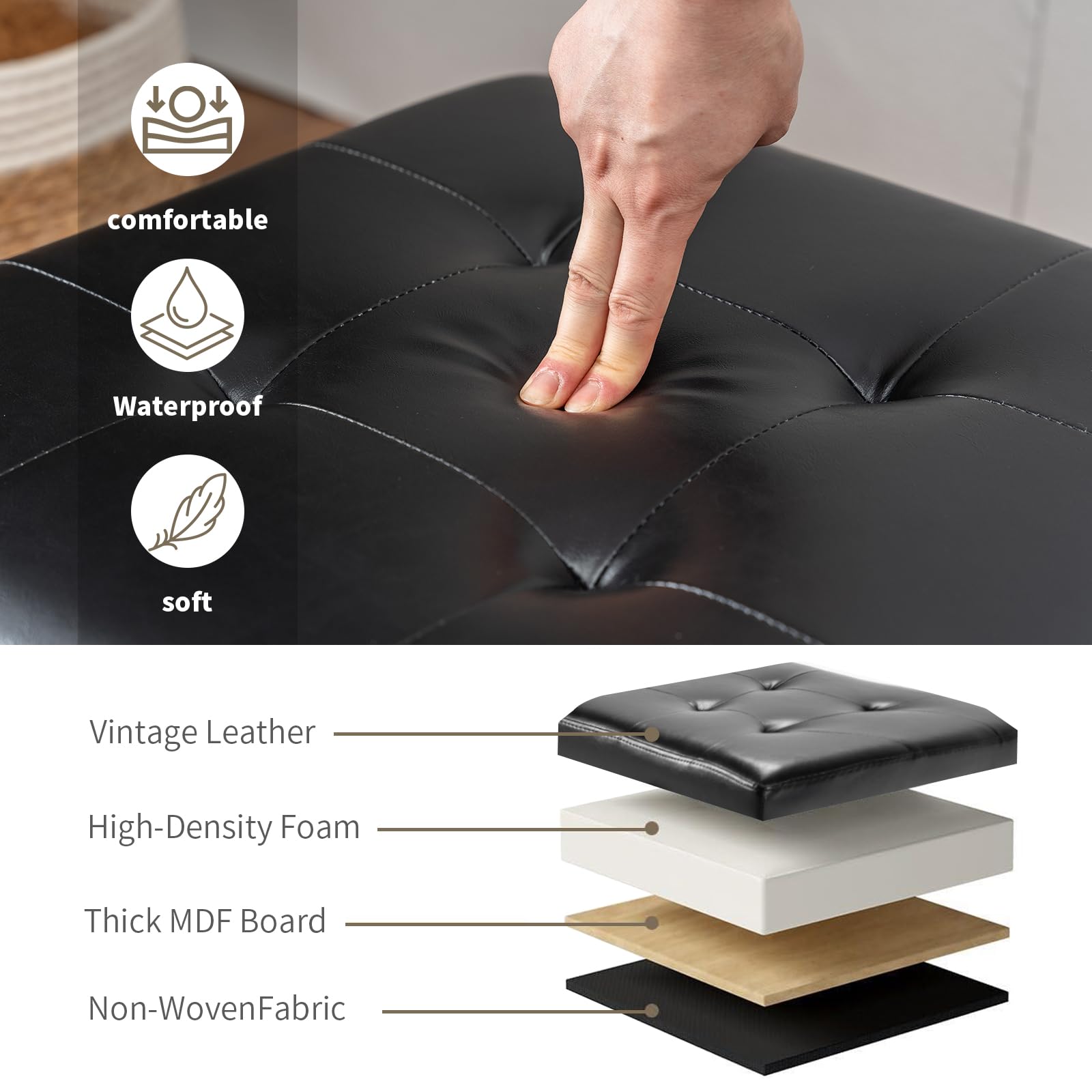 17.7" Square Faux Leather Storage Ottoman