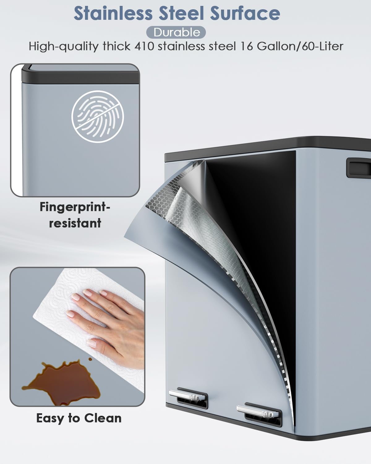 60L(16 Gal) Dual Trash Can, Stainless Steel Kitchen Garbage Can