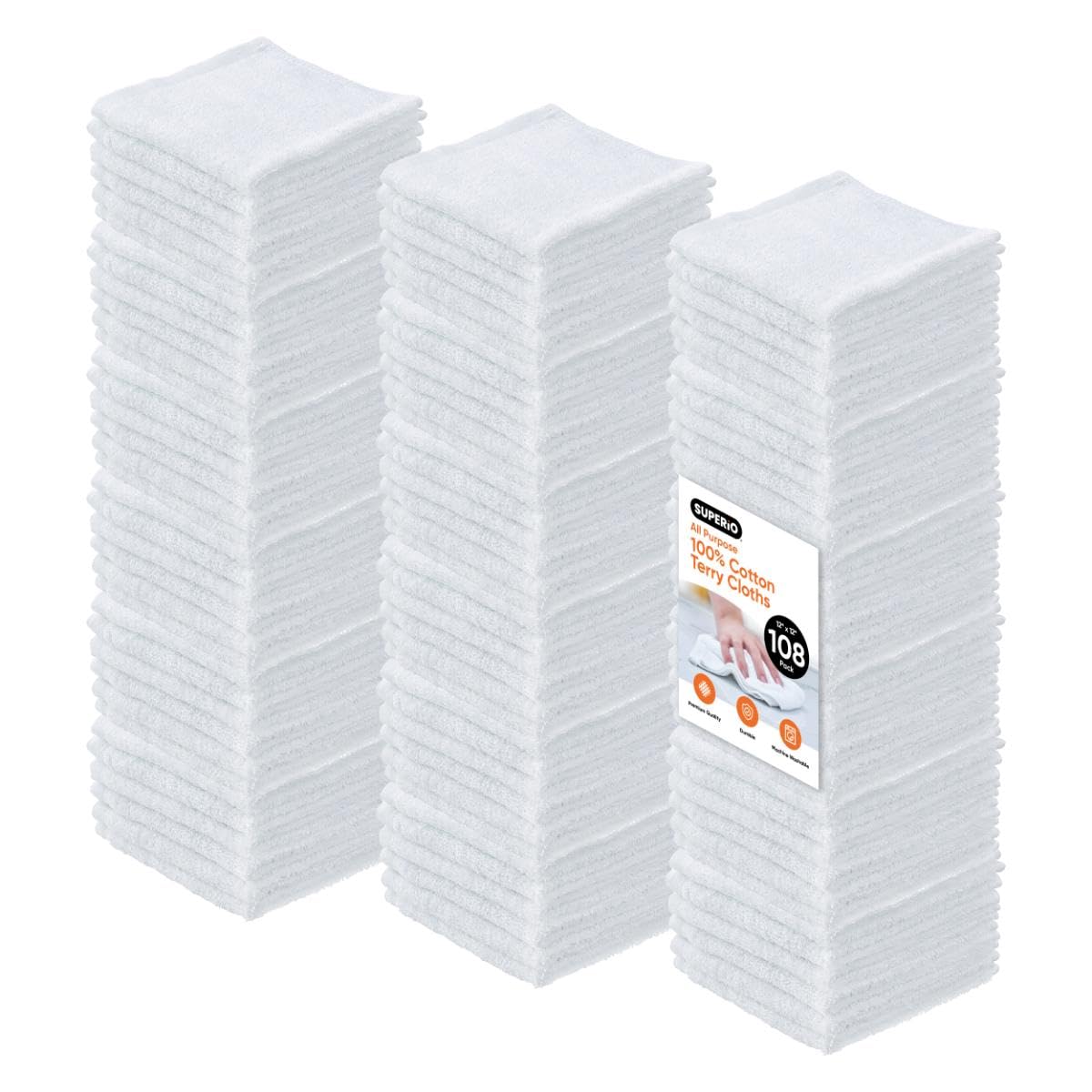 Terry Cloth Rags White Washcloths 100% Cotton 12" Cleaning Cloths (108 Count)