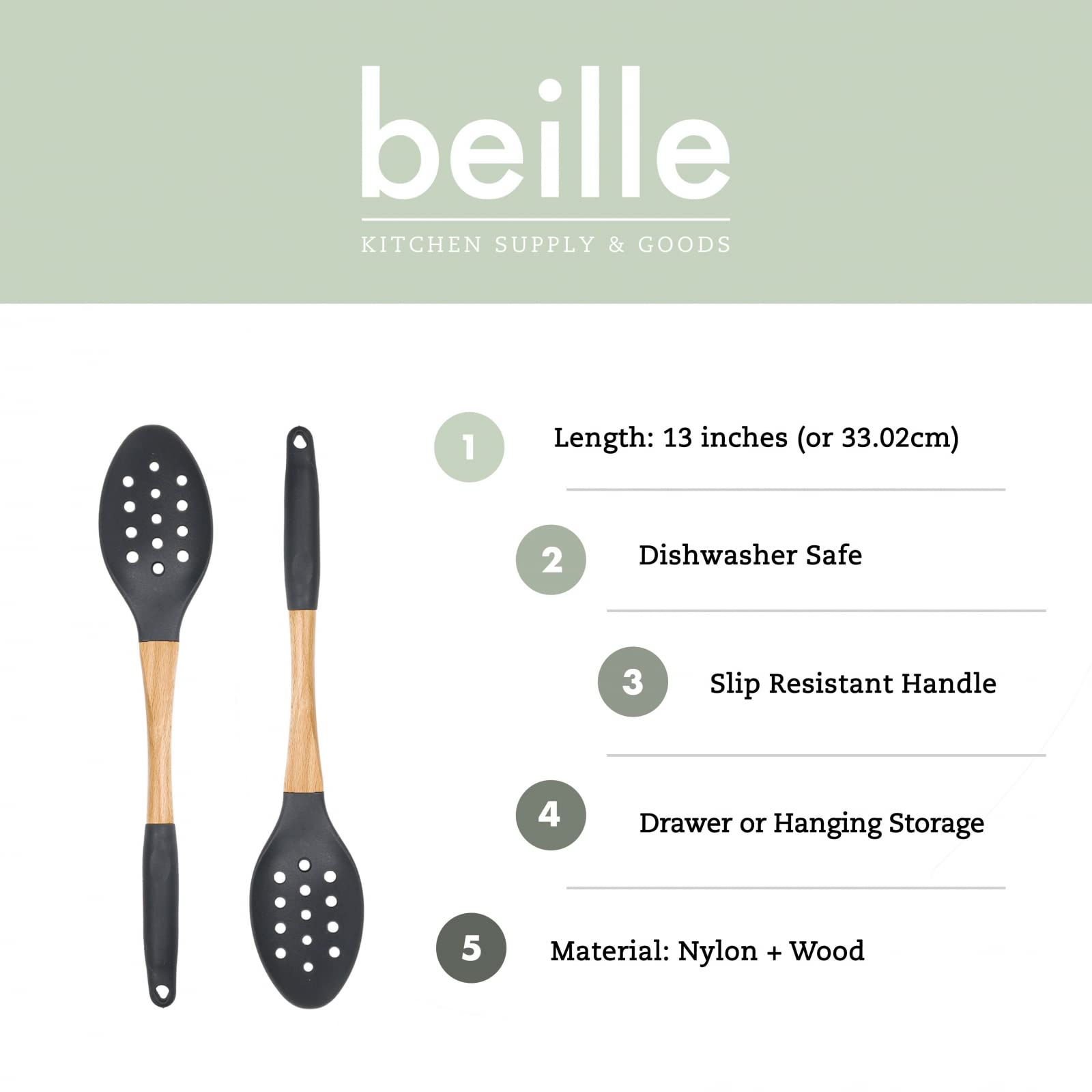 Grey Nylon Slotted Spoon with Wooden Handle Kitchen Utensils High Heat Resistance