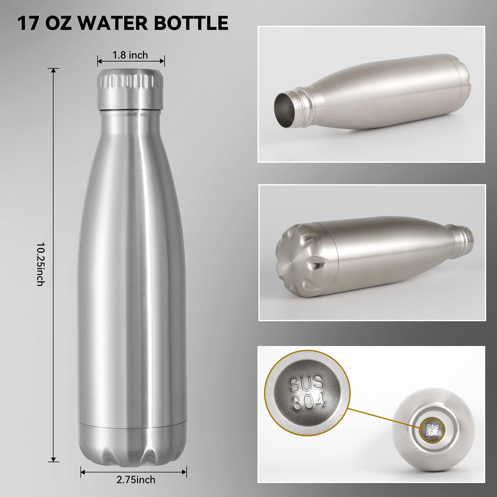 17oz Stainless Steel Water Bottles Bulk (8 Count)