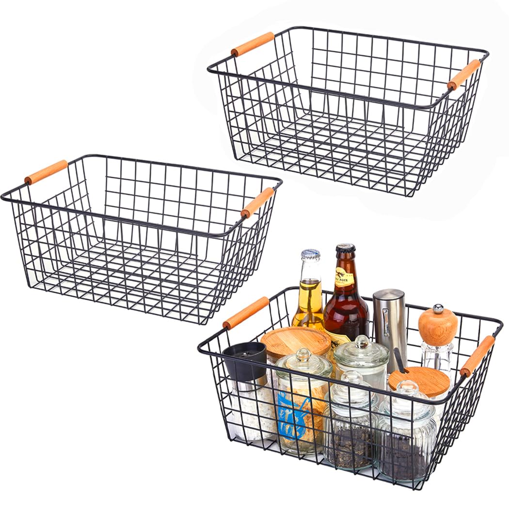 Large black wire baskets with Wooden Handles for storage pantry