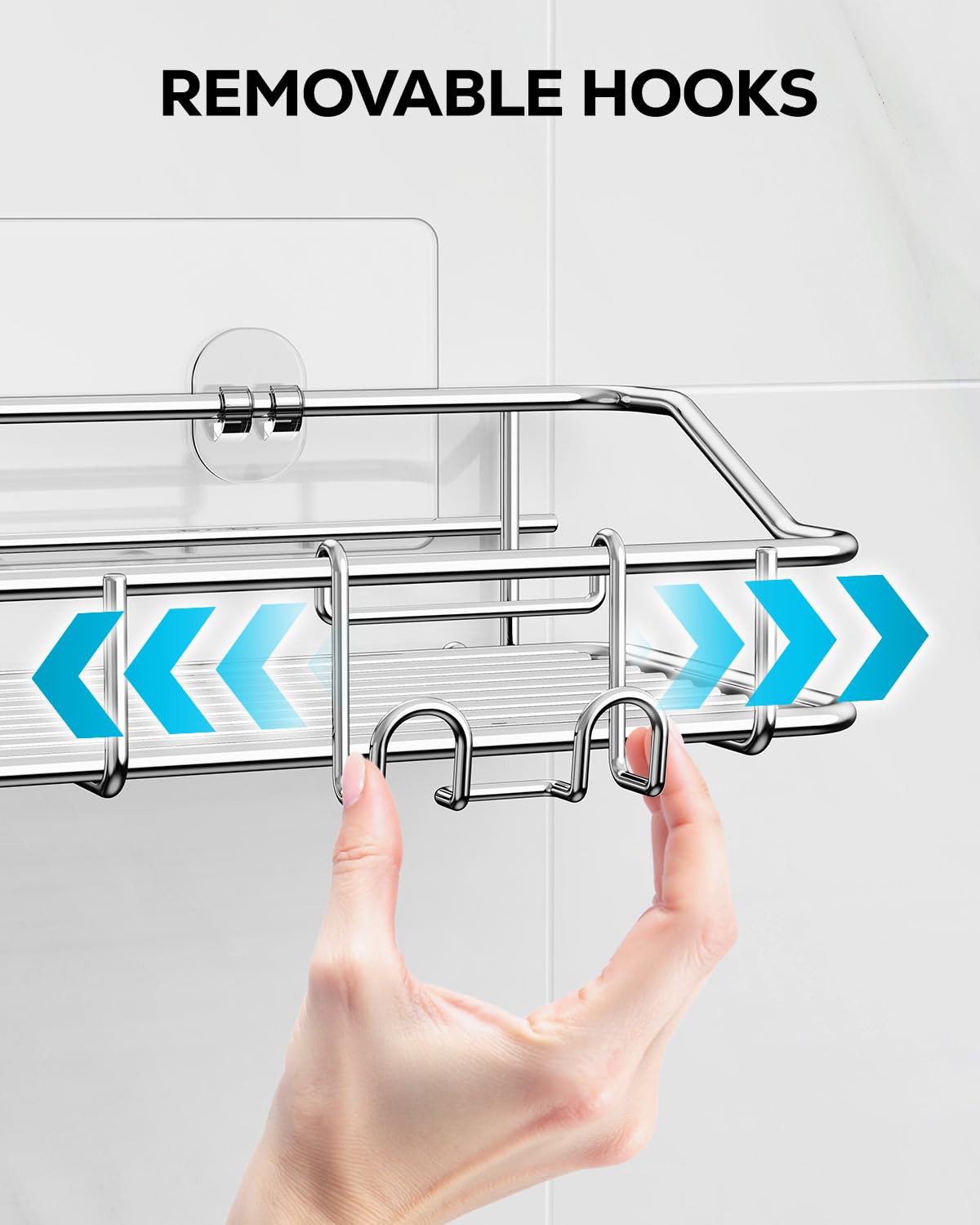 Shower Caddy Shelf with Hooks Storage Rack Organizer Adhesive Stainless Steel without Drilling for Bathroom (3 Count)