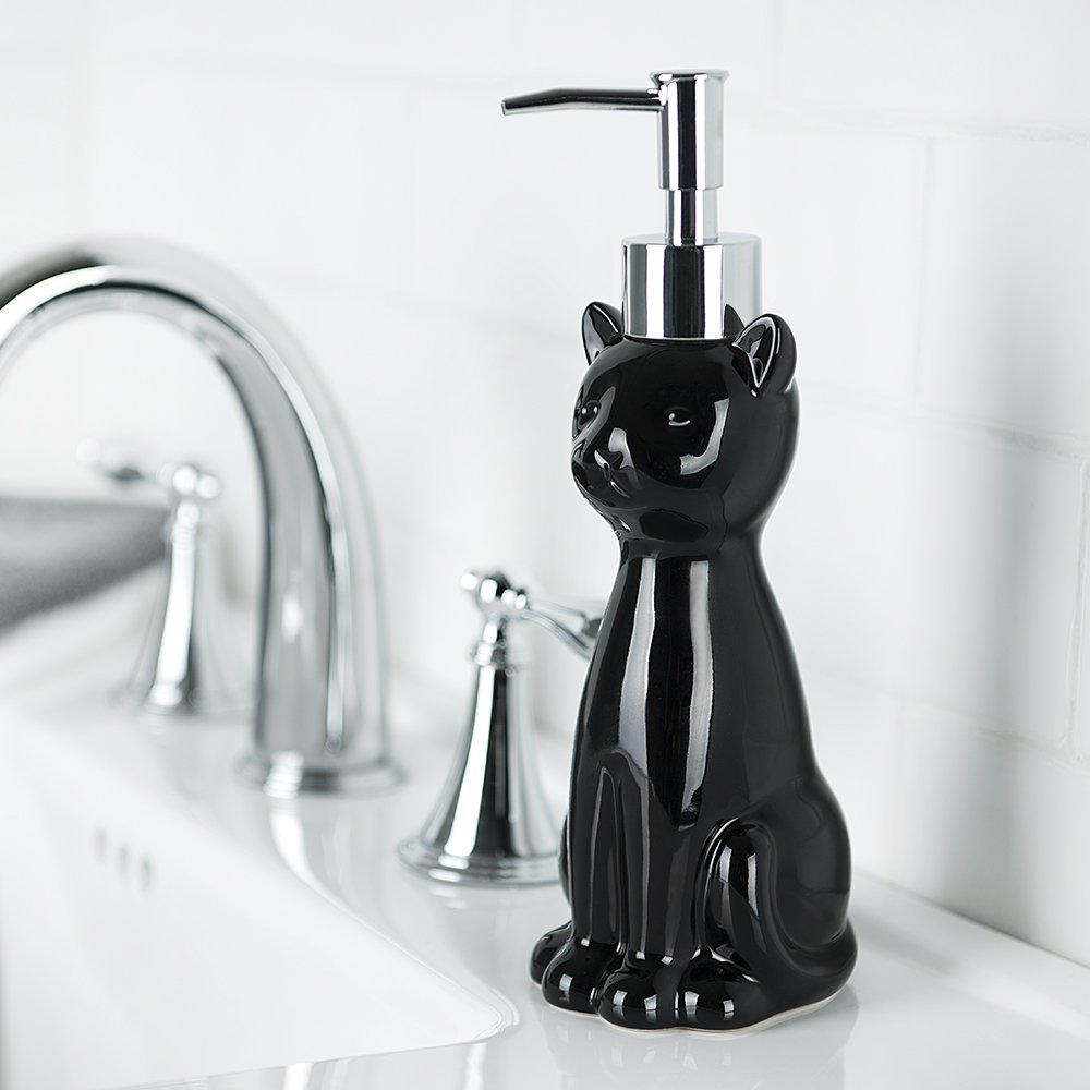 Cat 3 Piece Black Ceramic Toilet Brush Holder with White Plastic Brush and Soap Dispenser Set
