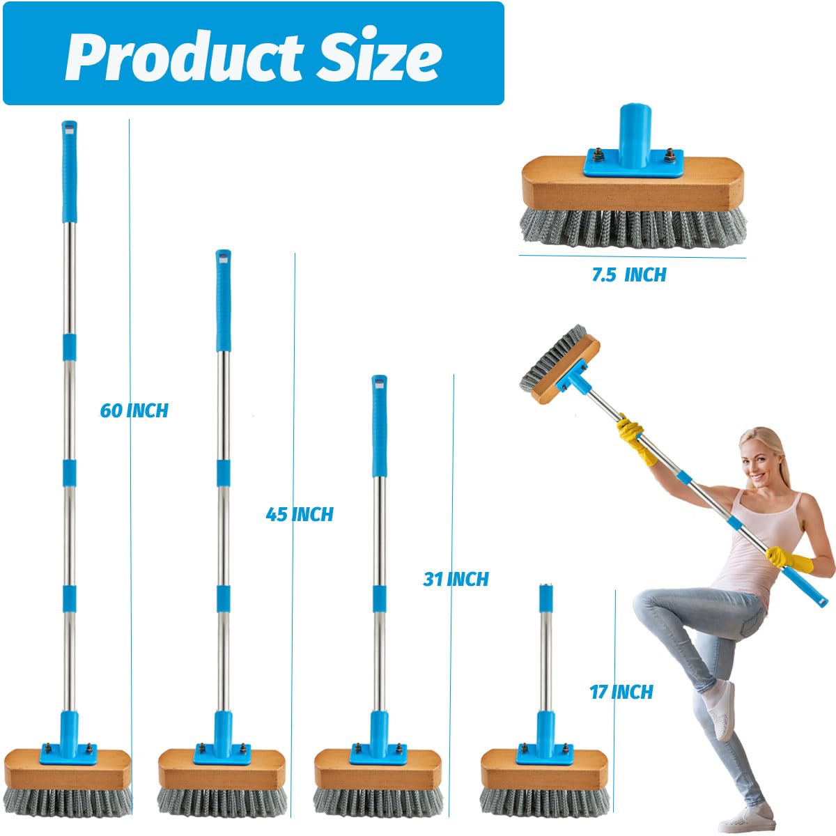 Stainless Steel Deck Scrub Brush with 60" Long Handle for Concrete