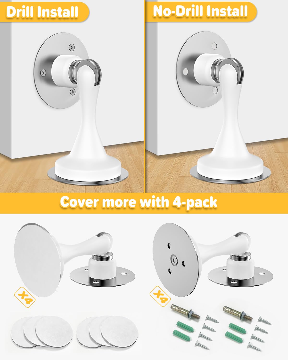 Door Stoppers for Bottom of Door Magnetic Door Catch 4 Pack Stainless Steel (4 Count)