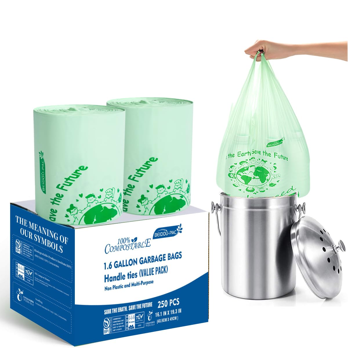 1.6 Gallon Compostable Trash Bags with Handle (250 Count)