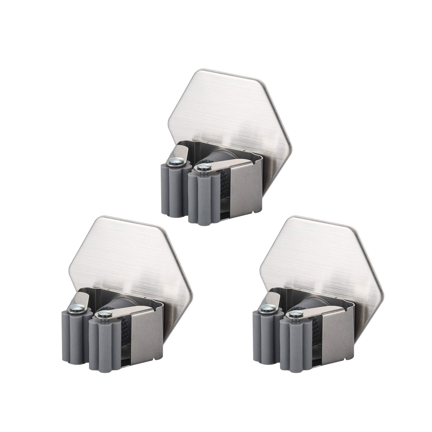 Mop and Broom Organizer Garage Tool Storage Rack Stainless Steel Broom Gripper Mop Holder with 3M Self Adhesive (3 Count)