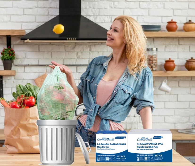 1.6 Gallon Compostable Trash Bags with Handle (250 Count)