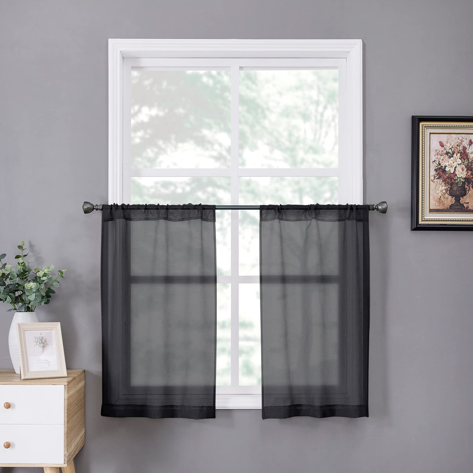 Sheer Tier Curtain Linen Textured Half Kitchen Curtains Sheer Light Filtering Rod Pocket Voile Small Curtains for Bathroom