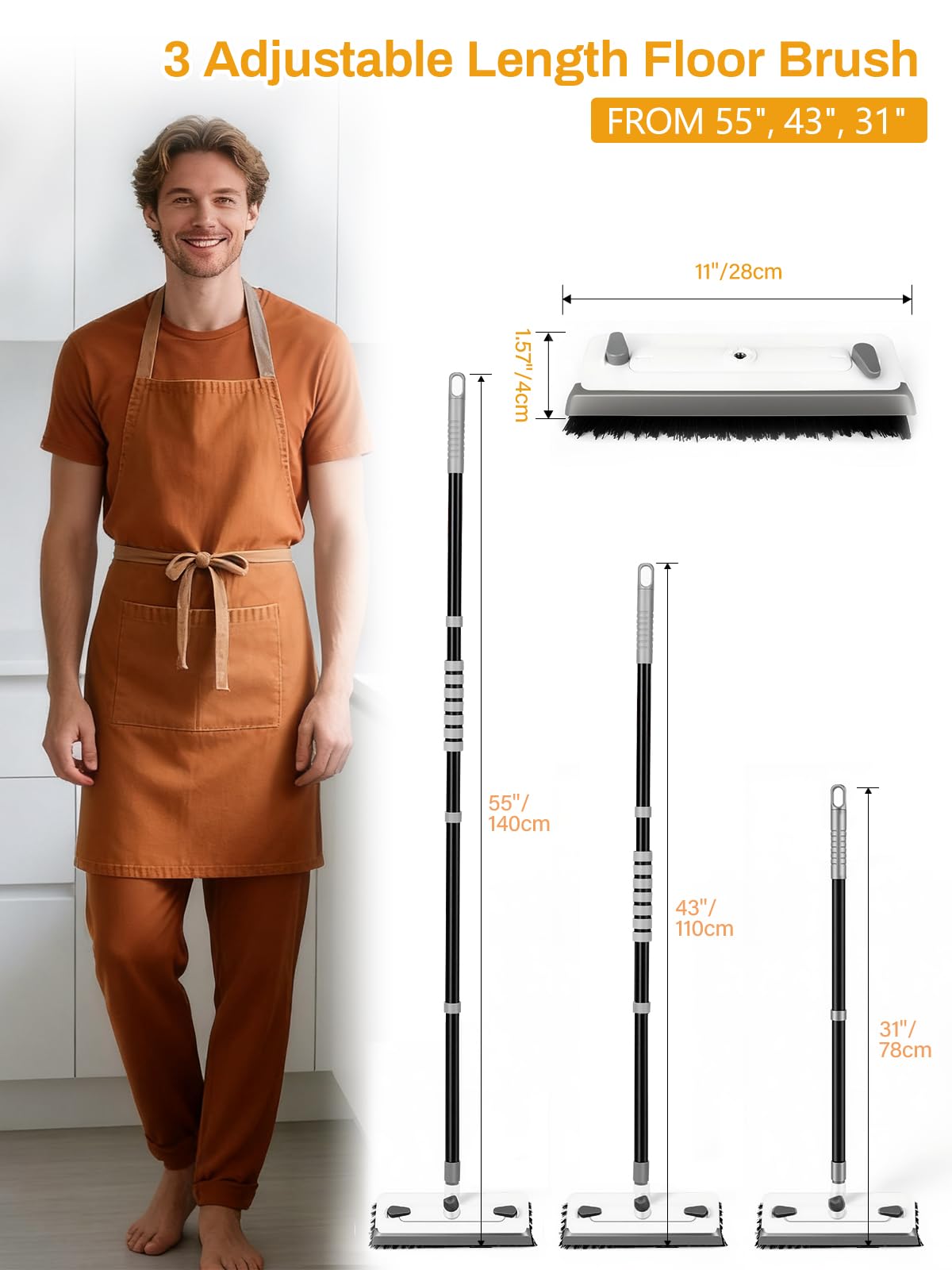 3 in 1 Floor Scrub Brush with Long Handle 55" Push Broom Stiff Bristle Scrubber Brush Squeegee Scrape & Detachable V