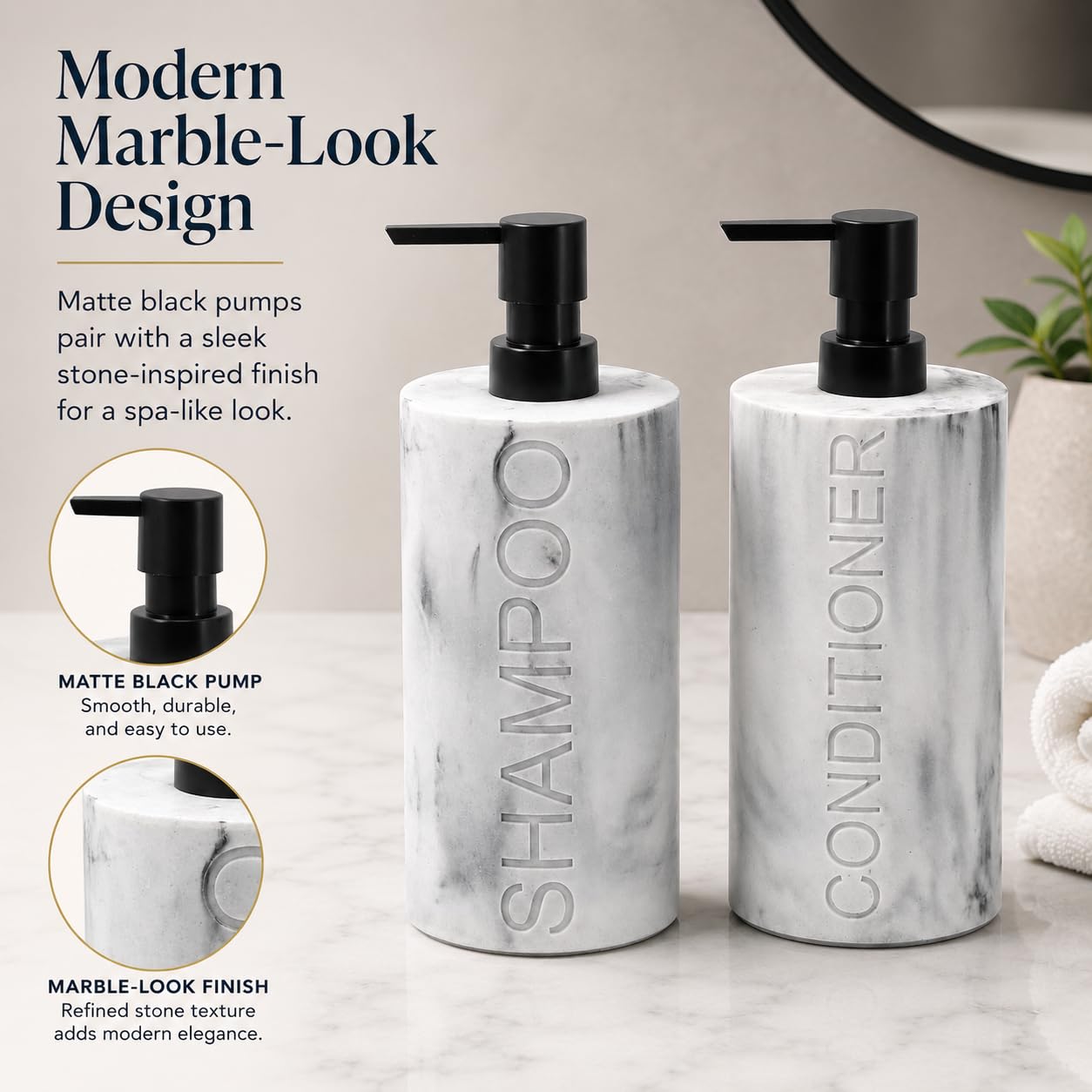 Marble Resin 2 Piece Shampoo and Conditioner Dispenser Set