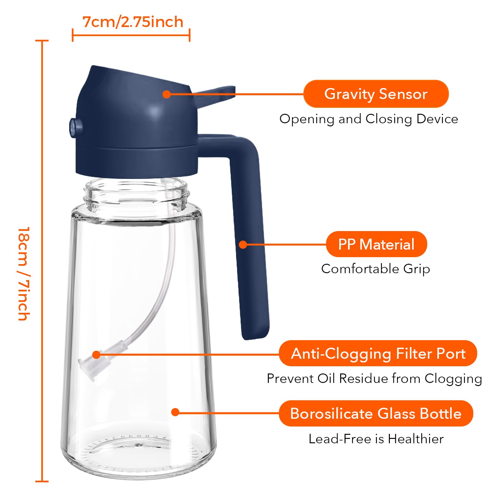 16 oz 2-in-1 Glass Olive Oil Sprayer for Cooking, Navy
