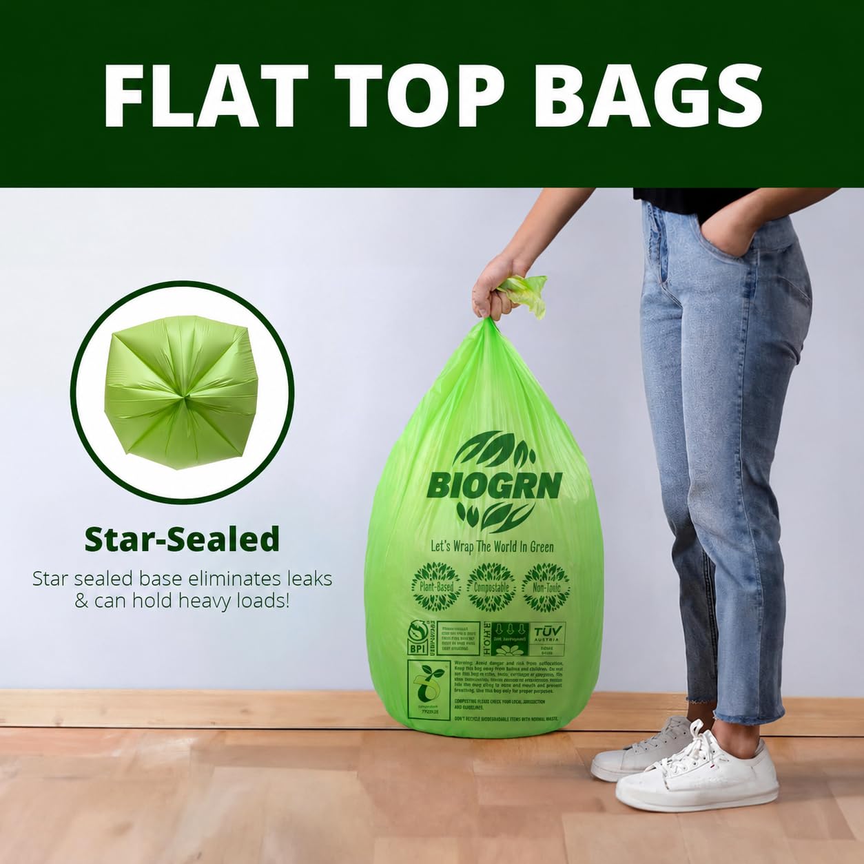10 13 Gallon Compostable Trash Bags with Flat (50 Count)