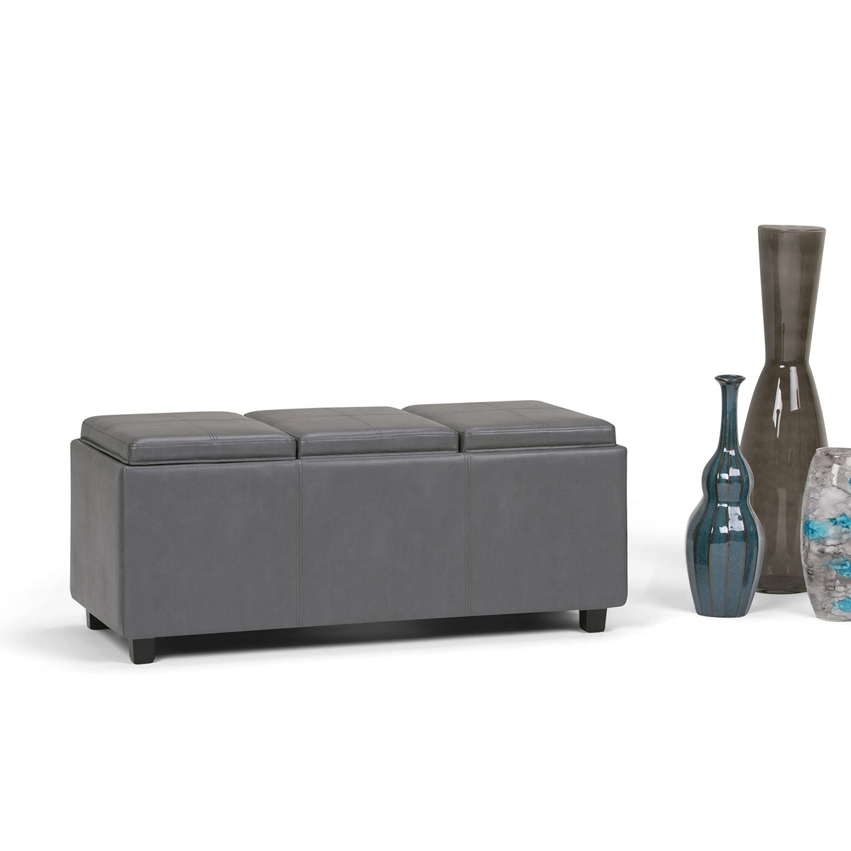 Avalon 42" Wide Vegan Leather Storage Ottoman in Stone Grey
