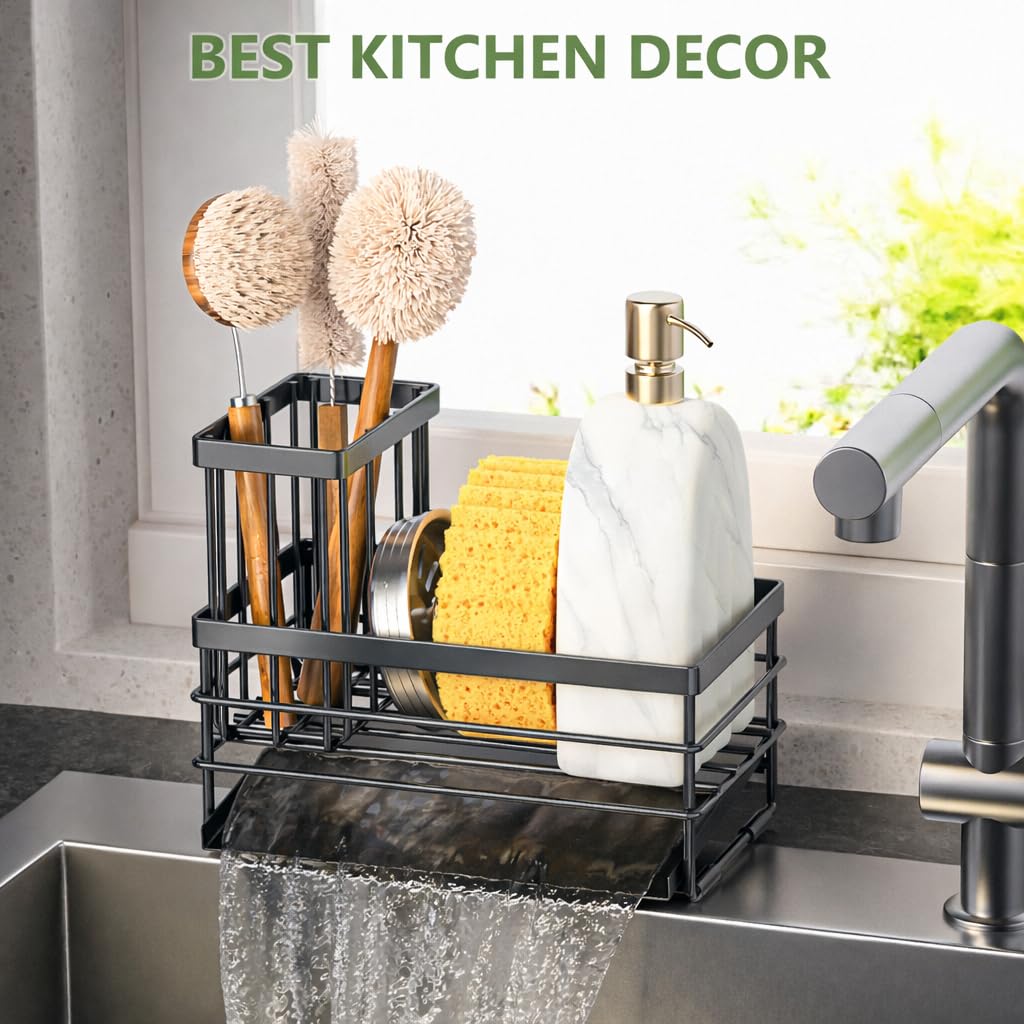 Sink Caddy Sponge Holder for Kitchen with Brush Holder and Stainless Steel Self Drain Tray