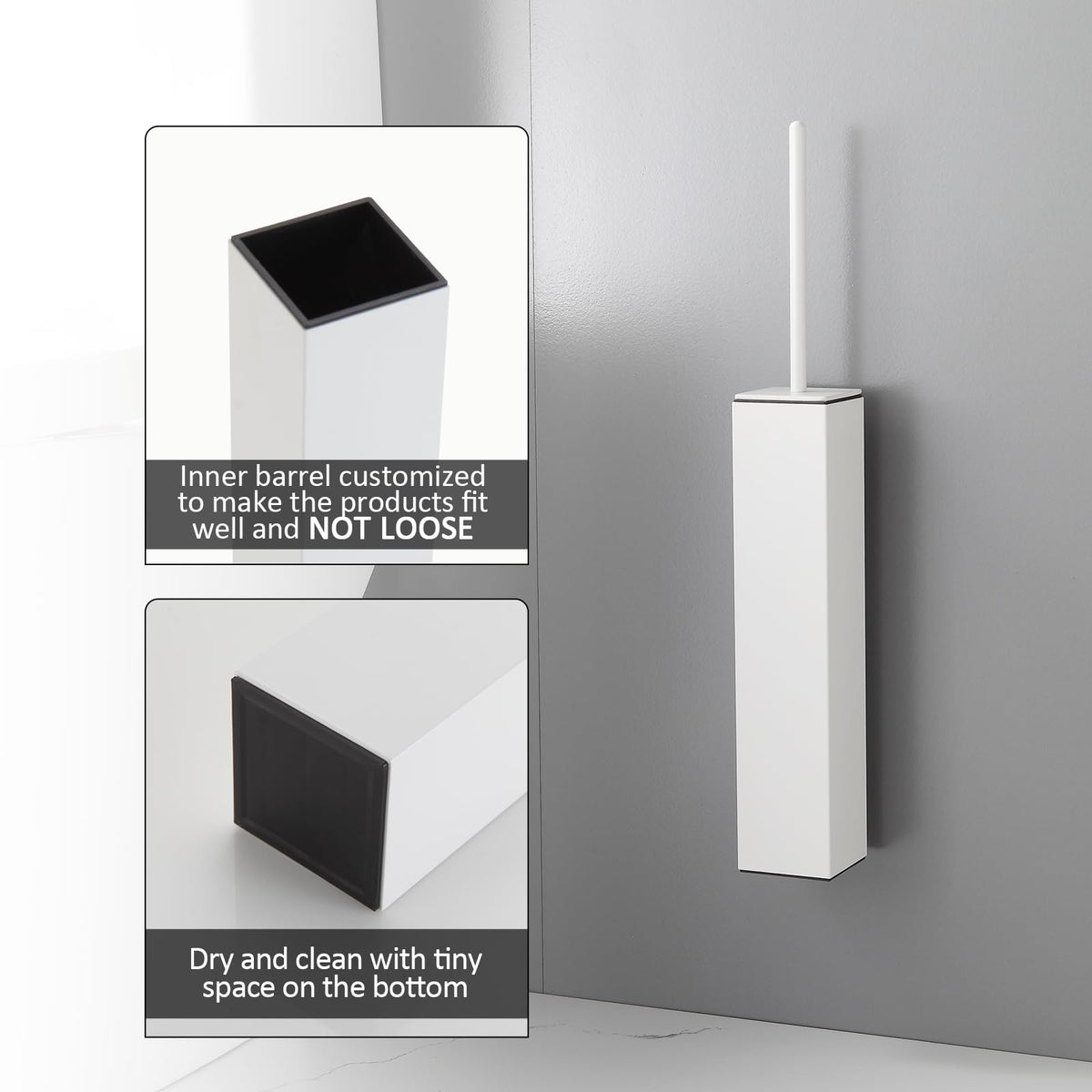 Toilet Brush and Holder Set White Wall Mounted for Bathroom Square Design