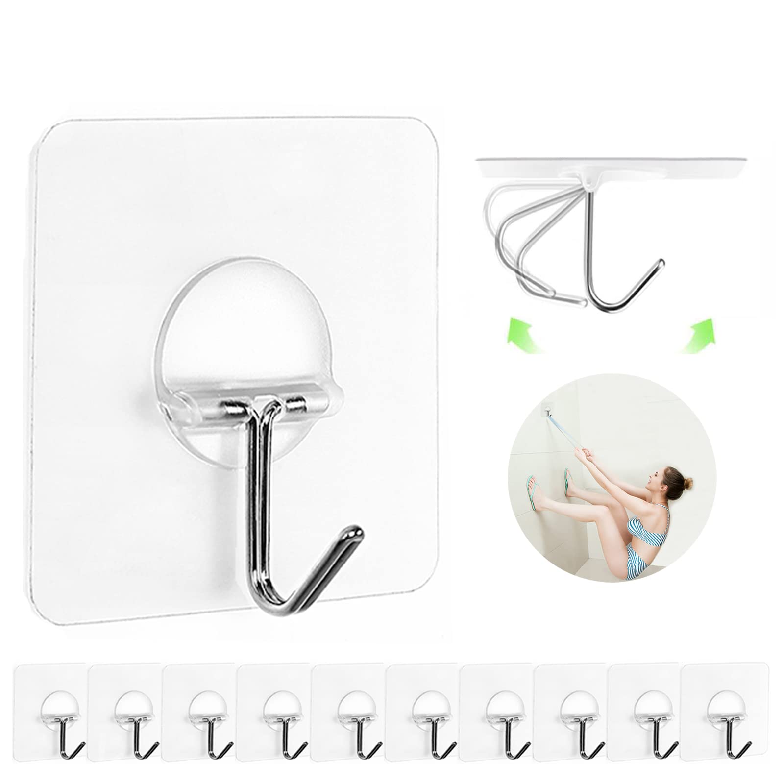 Adhesive Wall Hooks No Drill Clear Heavy Duty (12 Count)