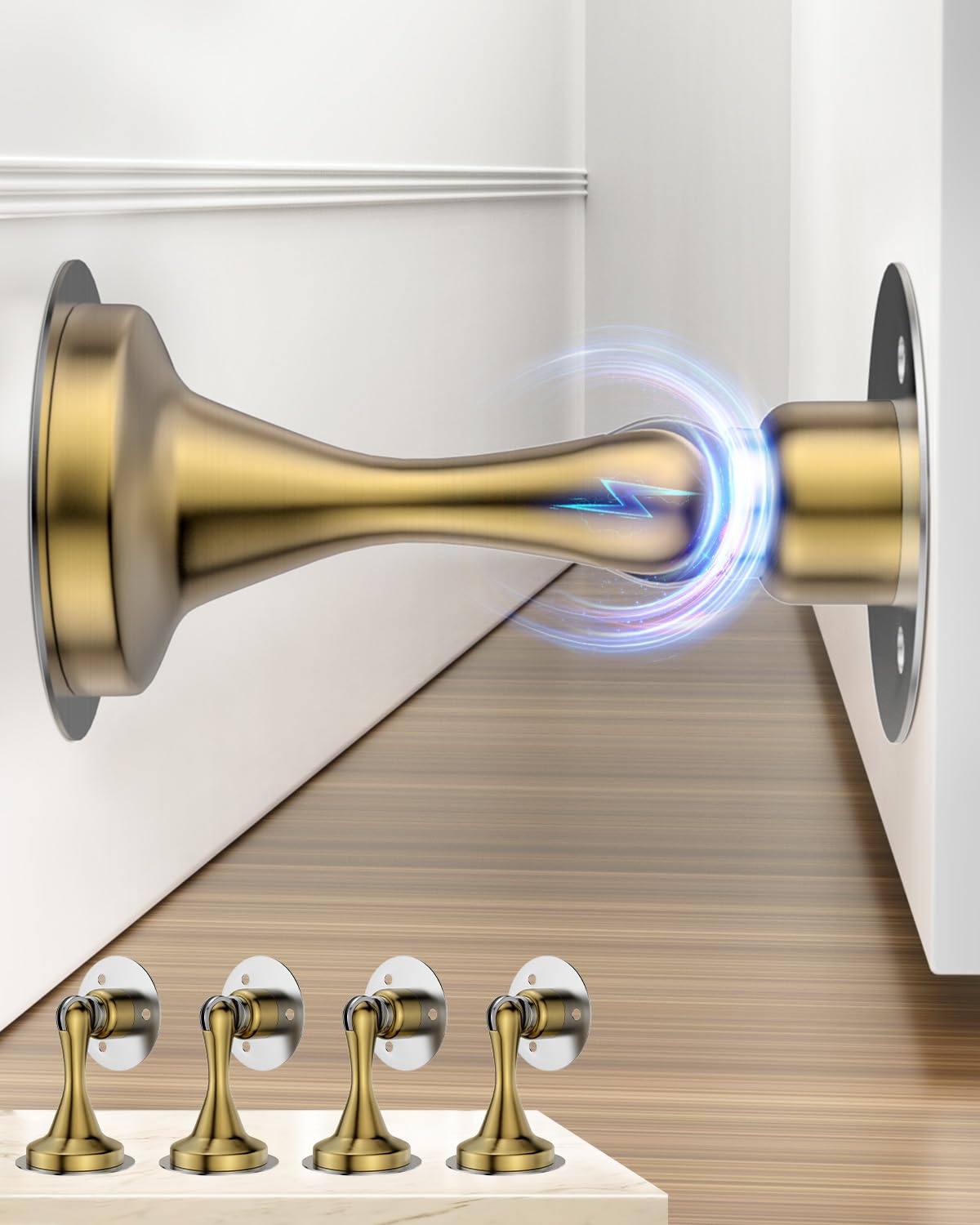 Door Stoppers for Bottom of Door Magnetic Door Catch 4 Pack Gold Wall Mount (4 Count)