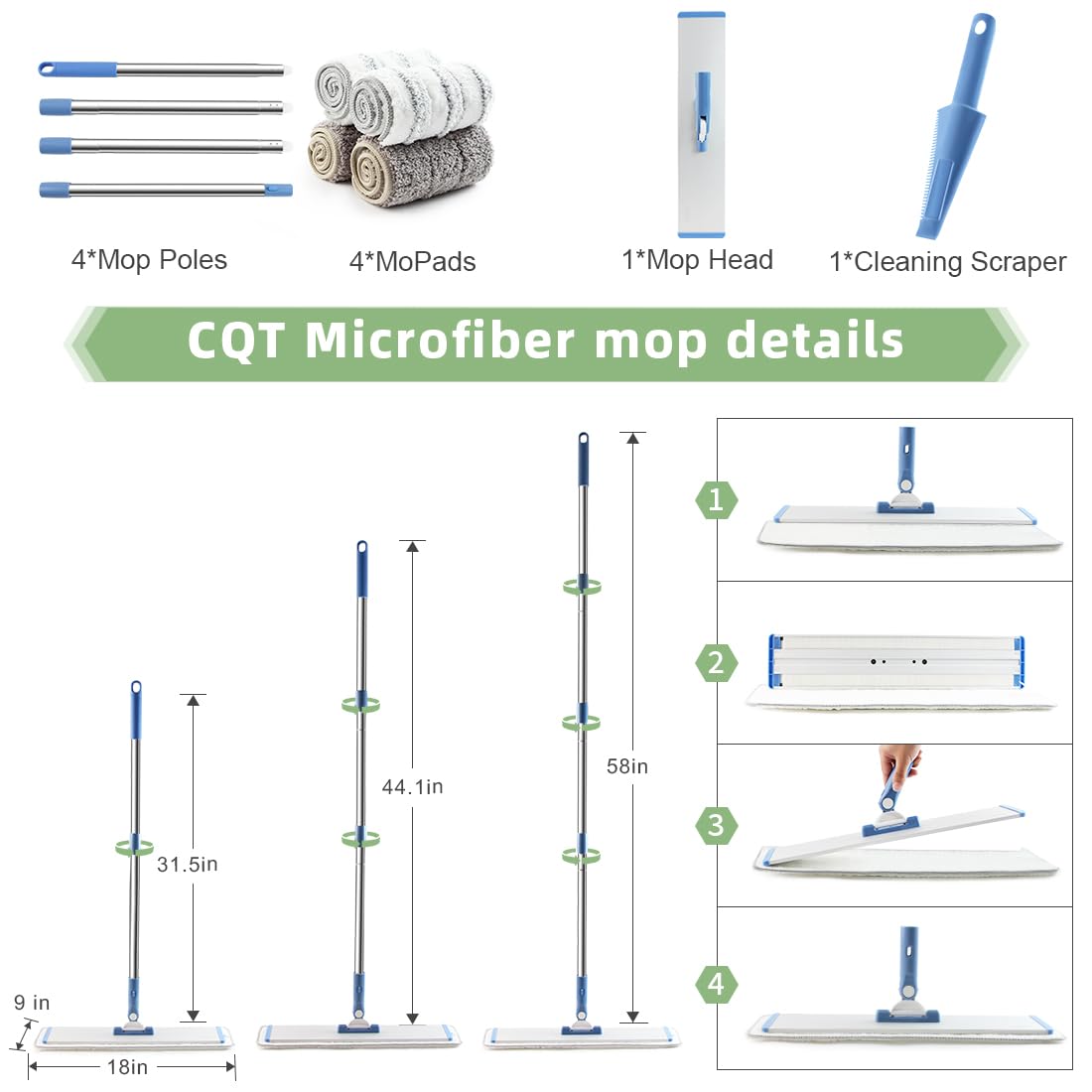 18" Commercial Flat Microfiber Floor Mop Cleaning System with 4 Washable Pads Cleaner for Laminate Tile