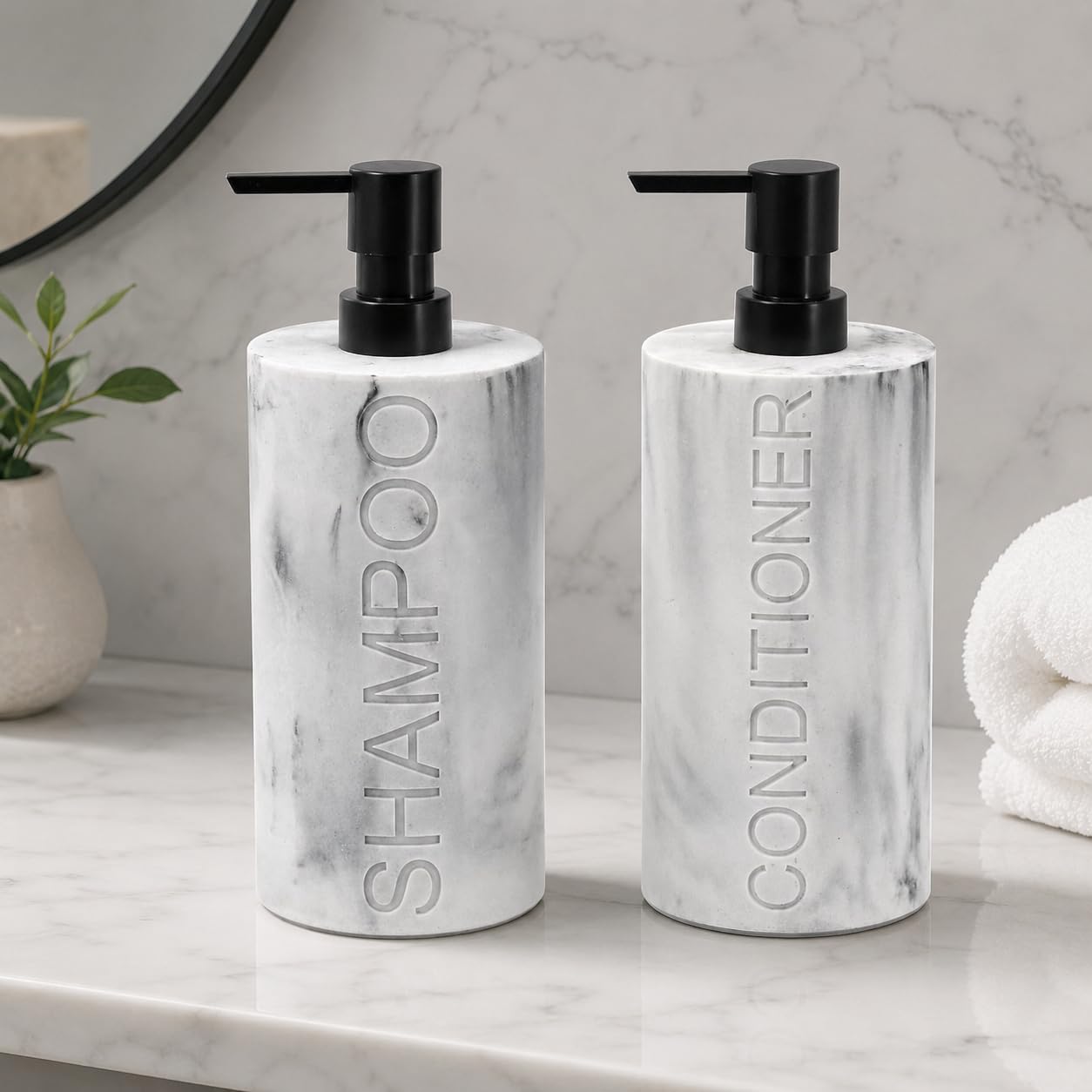Marble Resin 2 Piece Shampoo and Conditioner Dispenser Set