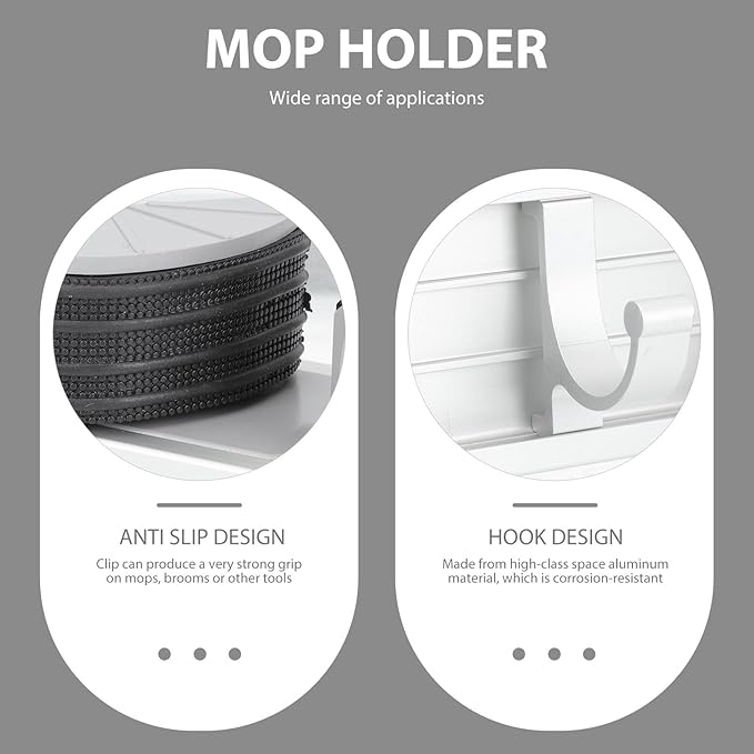Punch Broom Holder Space Aluminum Mop Hanger Wall Mount Organizer with Strong Grip and Hooks for Kitchen Garage Garden Storage