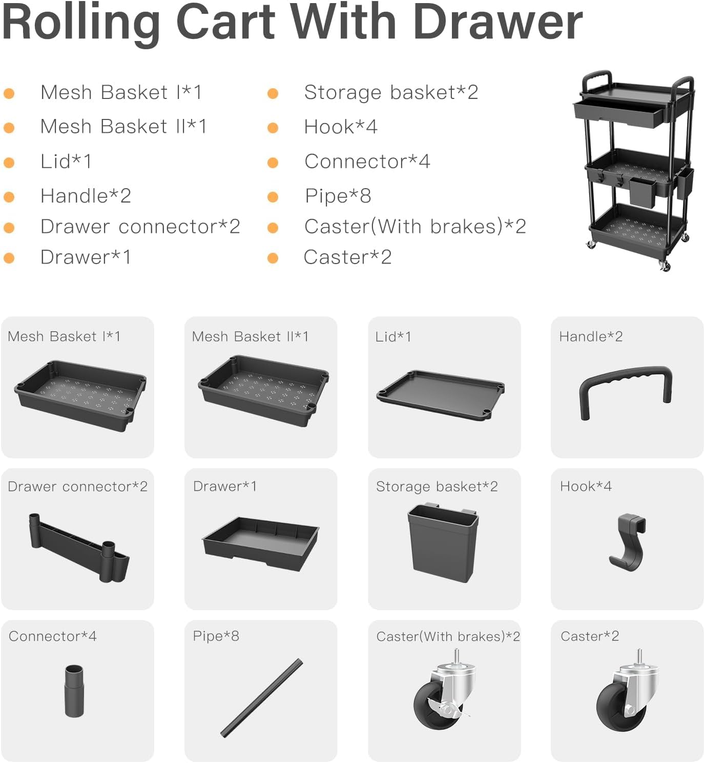 3 Tier Rolling Cart Organizer (3 Count)